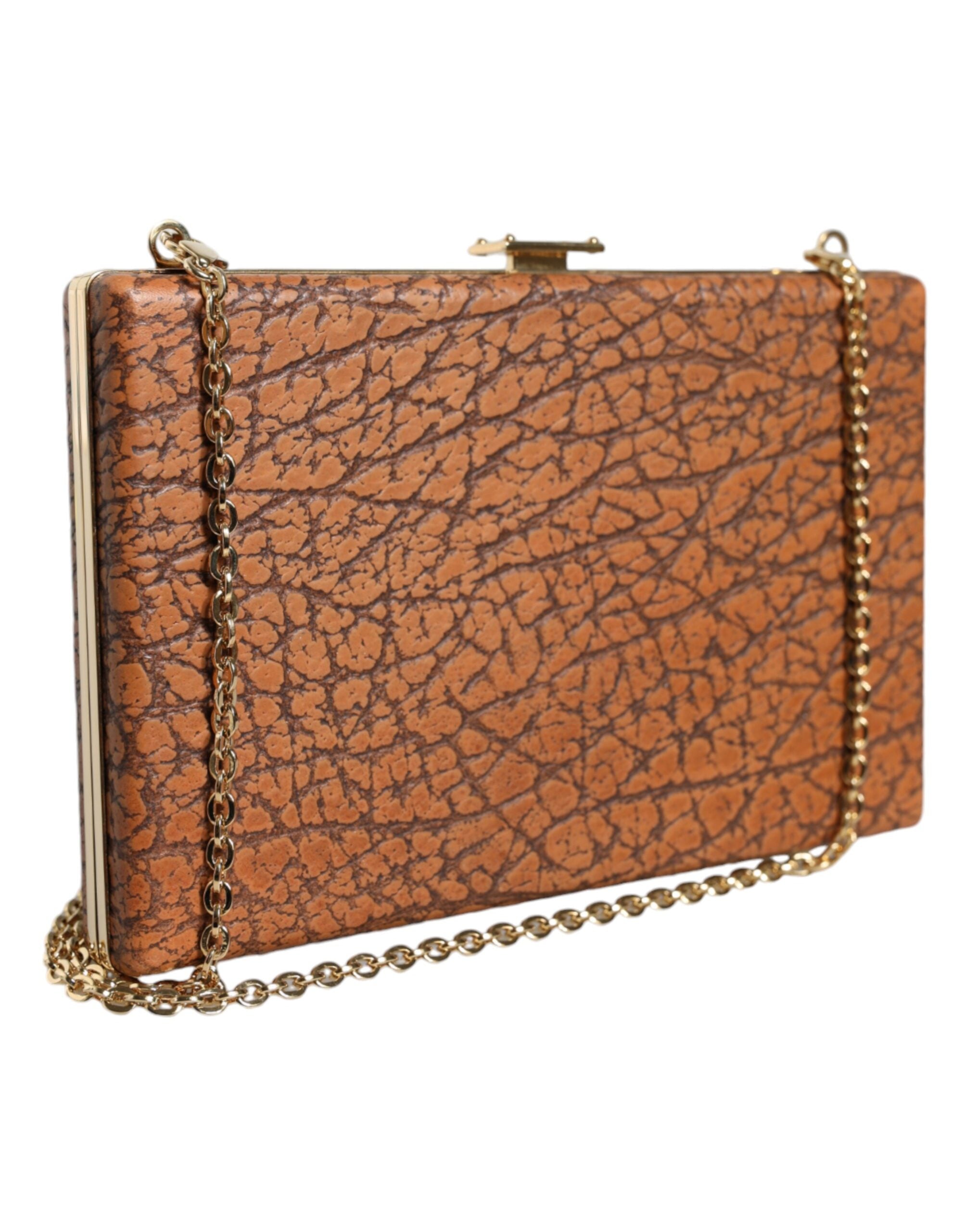 Dolce & Gabbana Leather Frame Clutch Mini Crossbody Brown Gold Bag Glam Steals