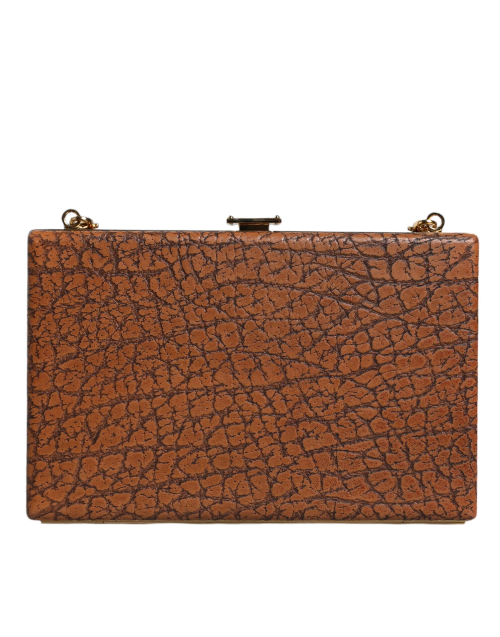 Dolce & Gabbana Leather Frame Clutch Mini Crossbody Brown Gold Bag Glam Steals