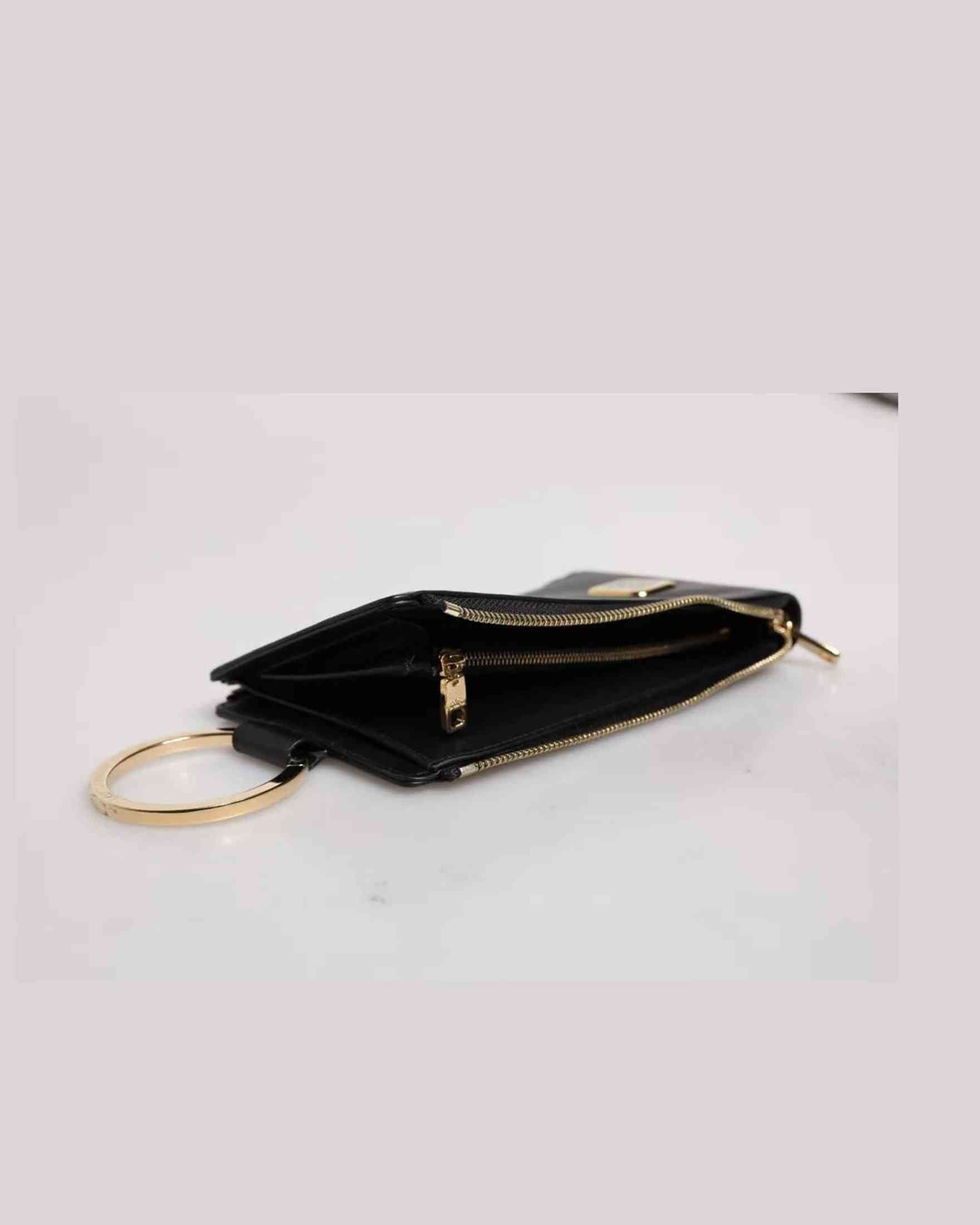 Dolce & Gabbana Leather Logo Plaque Neck Strap Card Coin Black Wallet Glam Steals