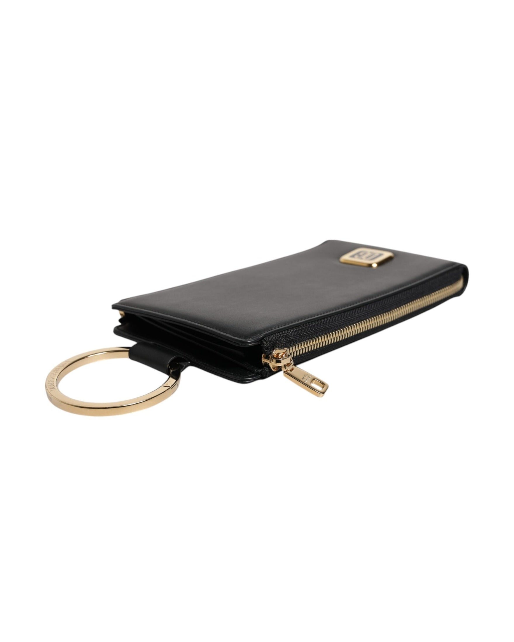Dolce & Gabbana Leather Logo Plaque Neck Strap Card Coin Black Wallet Glam Steals