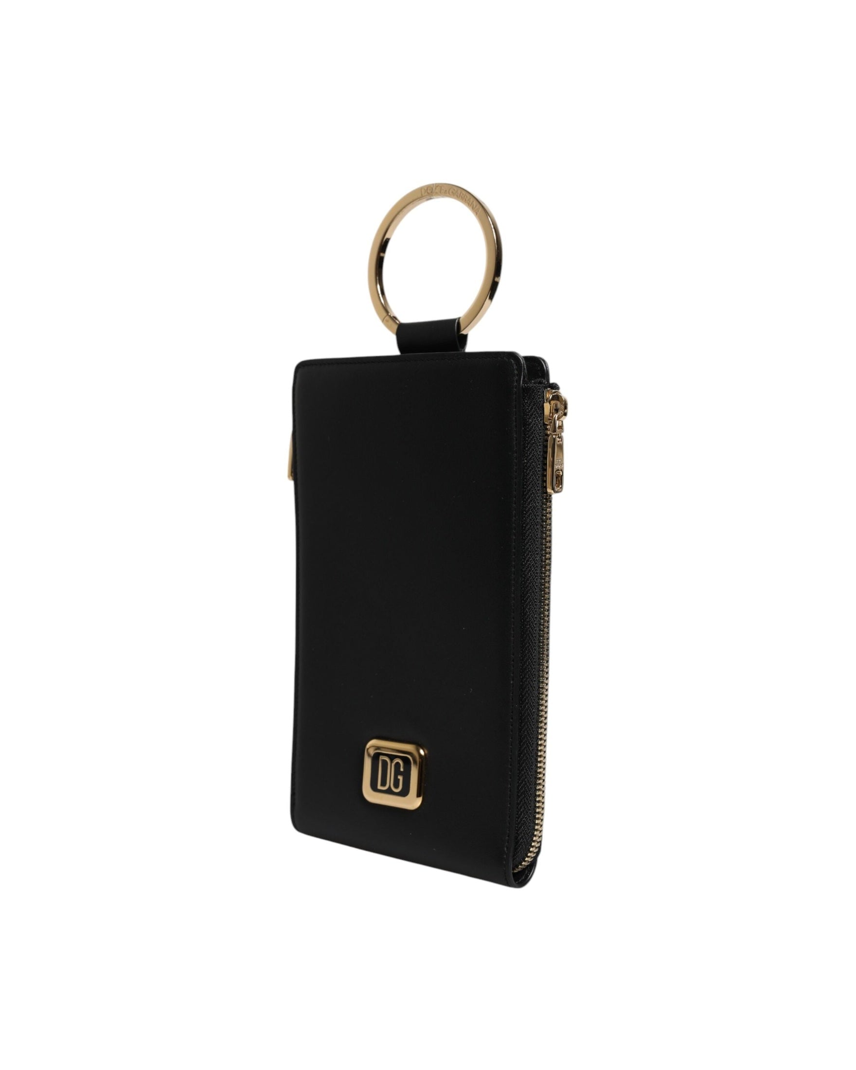 Dolce & Gabbana Leather Logo Plaque Neck Strap Card Coin Black Wallet Glam Steals