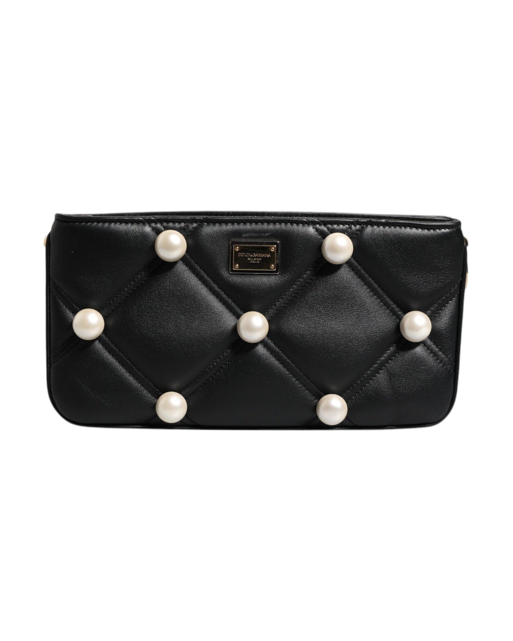 Dolce & Gabbana Leather Pearl Embellished Logo Shoulder Black Bag Glam Steals