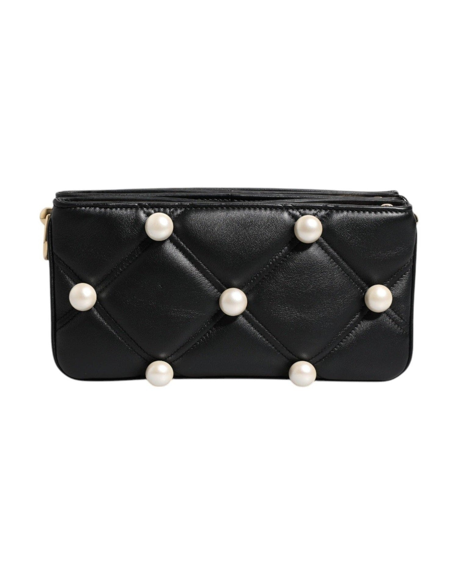 Dolce & Gabbana Leather Pearl Embellished Logo Shoulder Black Bag Glam Steals