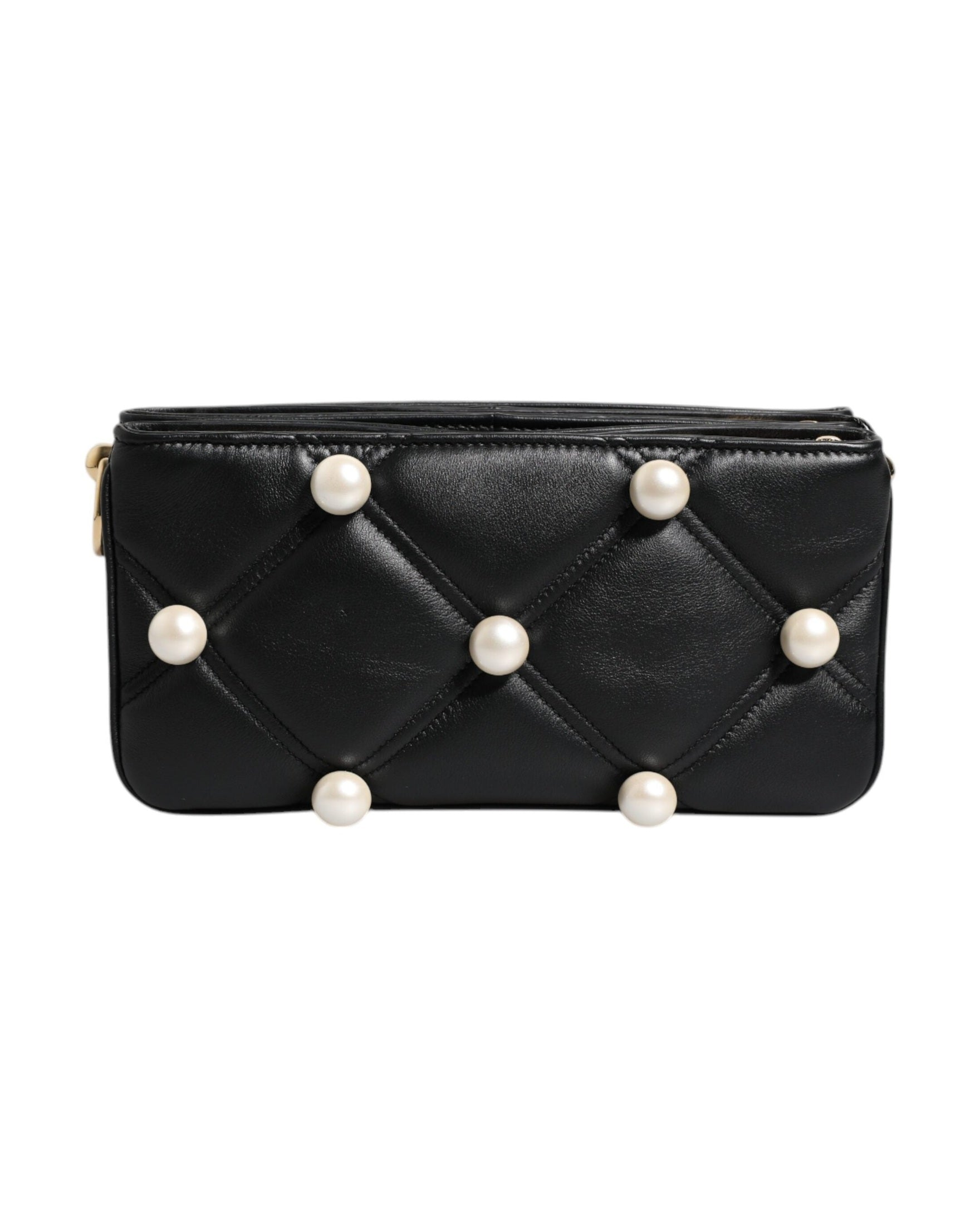 Dolce & Gabbana Leather Pearl Embellished Logo Shoulder Black Bag Glam Steals