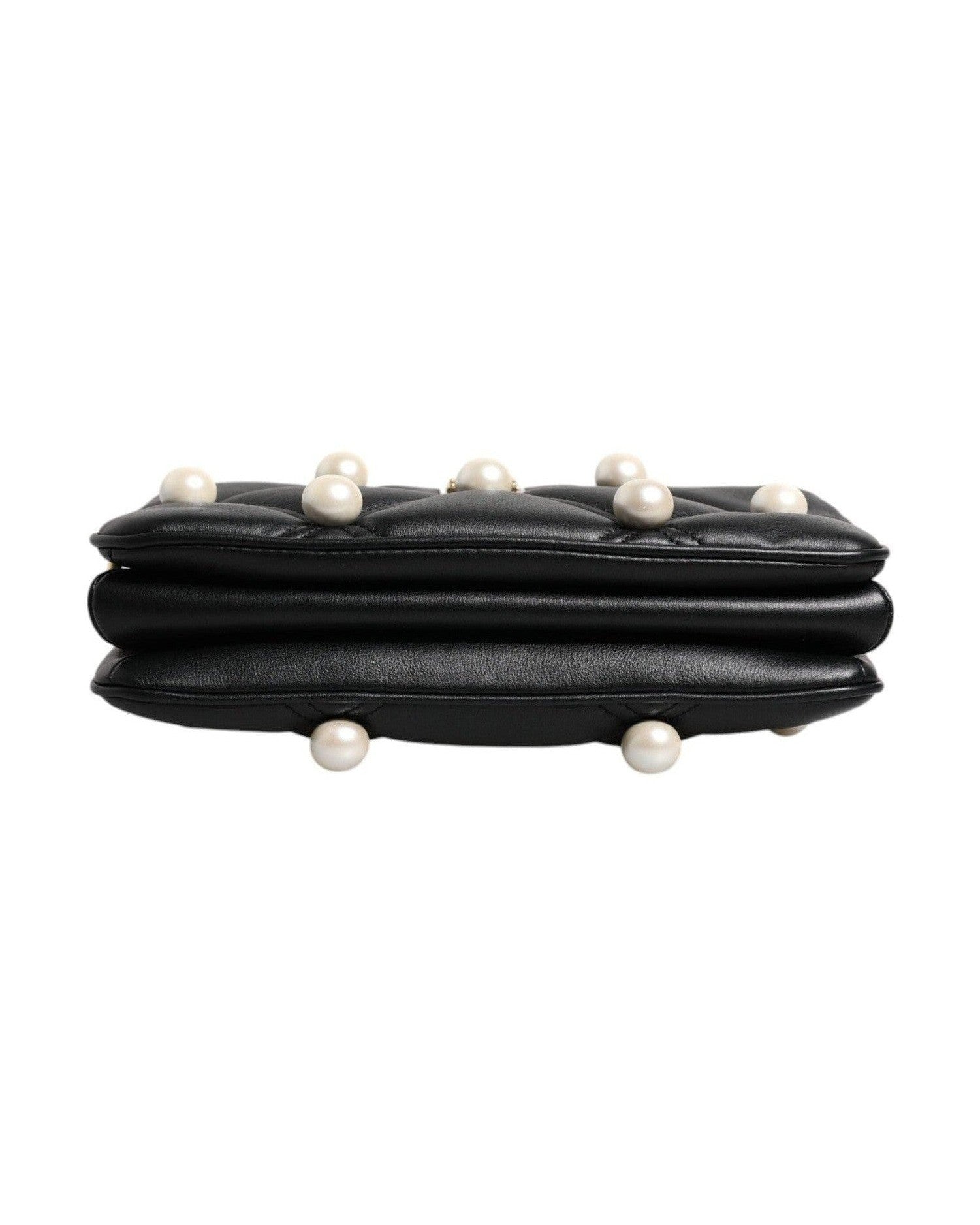 Dolce & Gabbana Leather Pearl Embellished Logo Shoulder Black Bag Glam Steals