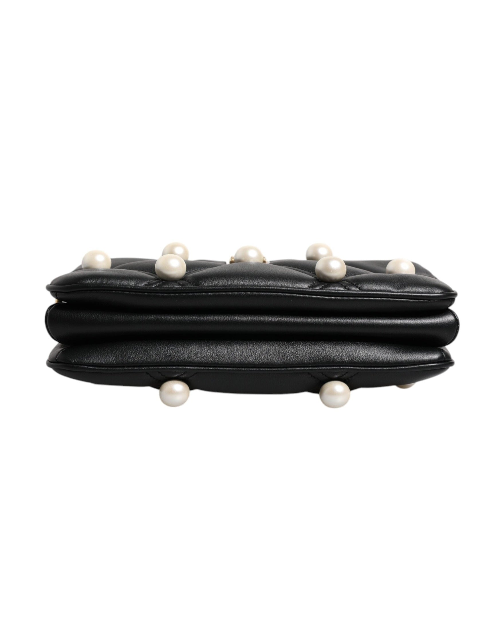 Dolce & Gabbana Leather Pearl Embellished Logo Shoulder Black Bag Glam Steals