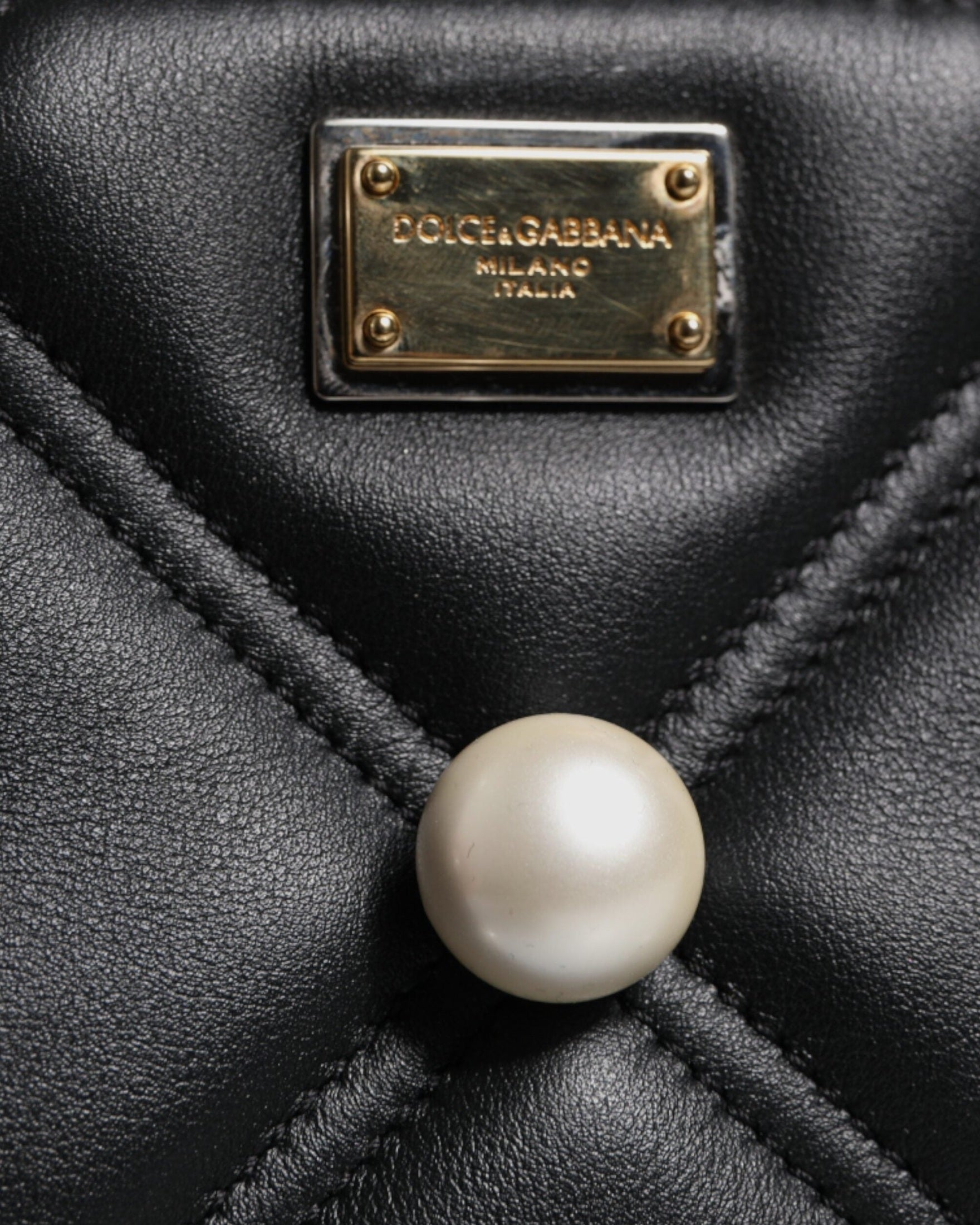 Dolce & Gabbana Leather Pearl Embellished Logo Shoulder Black Bag Glam Steals