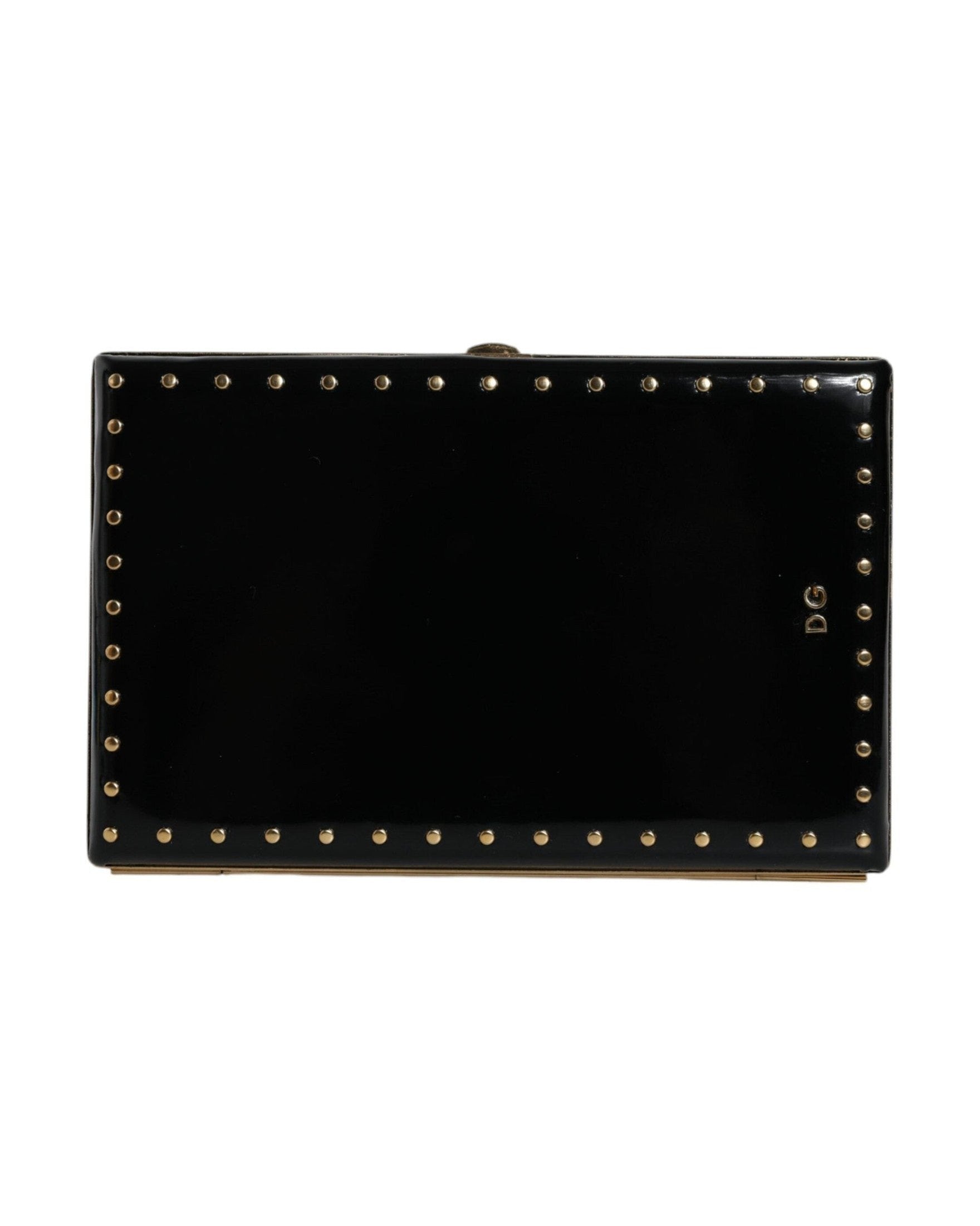 Dolce & Gabbana Leather Studs Frame Clutch Evening Purse Black Gold Bag Glam Steals