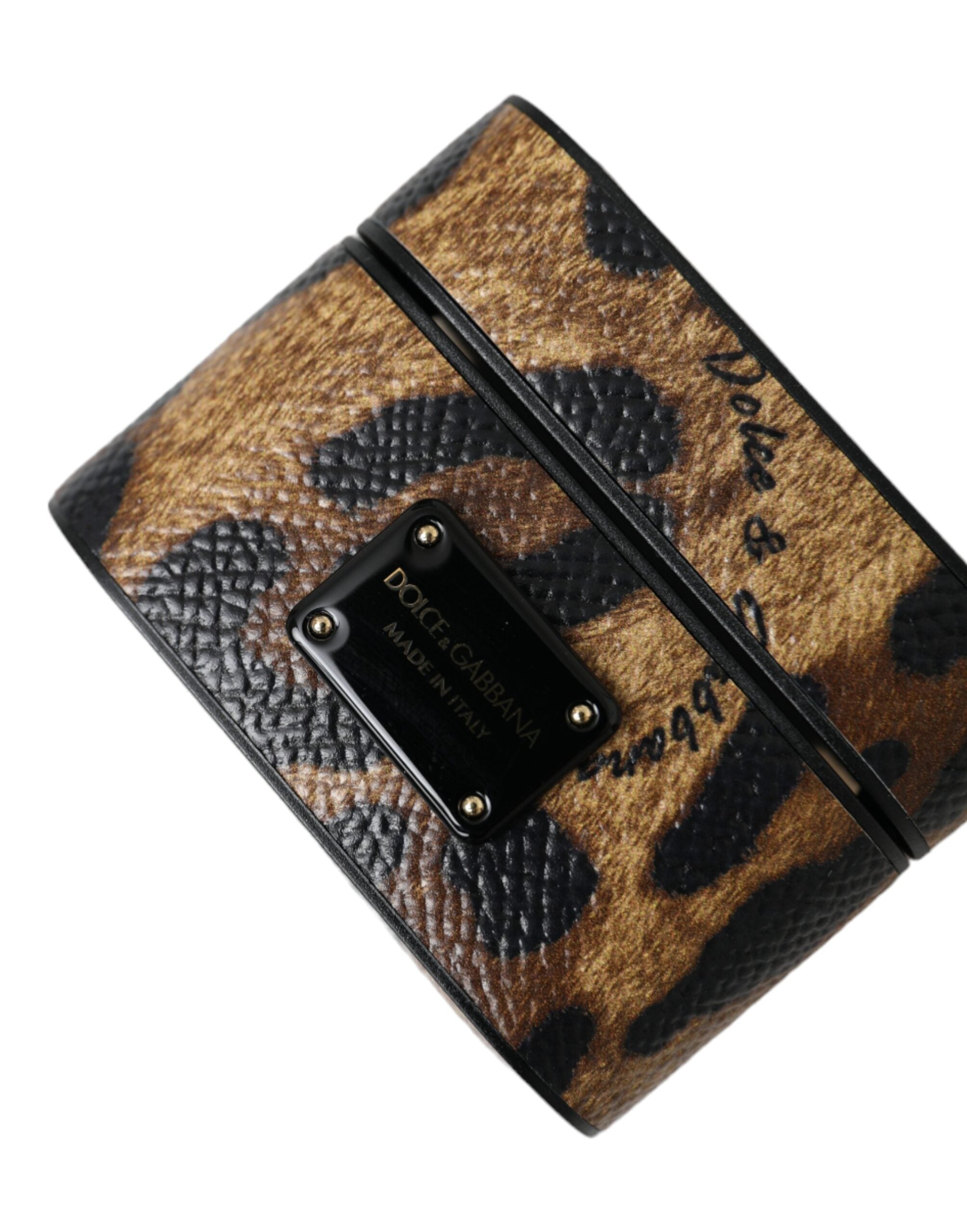 Dolce & Gabbana Leopard Calf Leather Metal Logo Plaque Airpods Brown Case Glam Steals