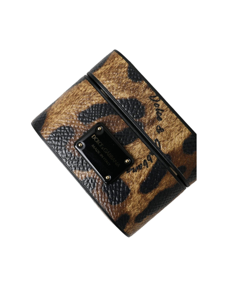 Dolce & Gabbana Leopard Calf Leather Metal Logo Plaque Airpods Brown Case Glam Steals