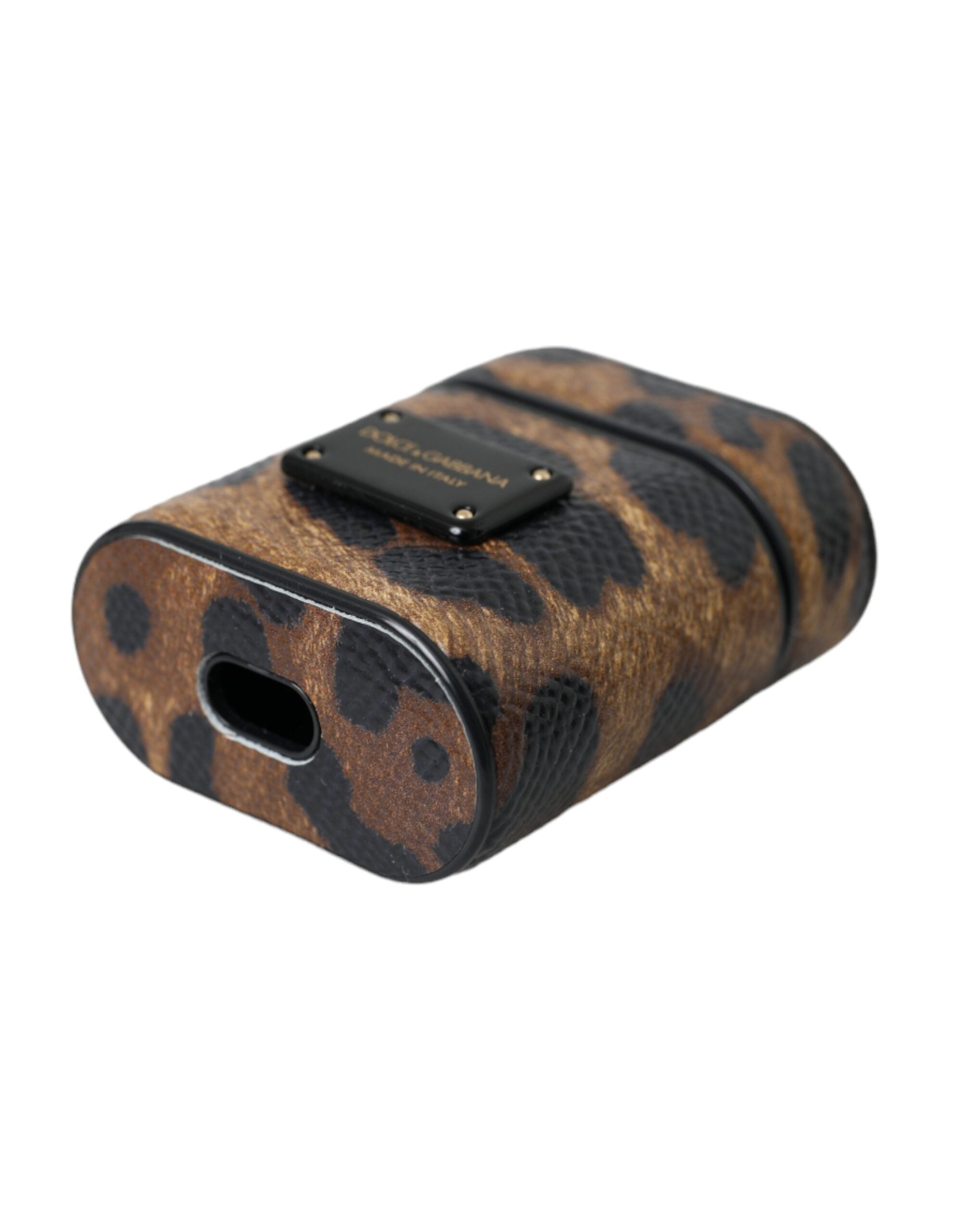 Dolce & Gabbana Leopard Calf Leather Metal Logo Plaque Airpods Brown Case Glam Steals
