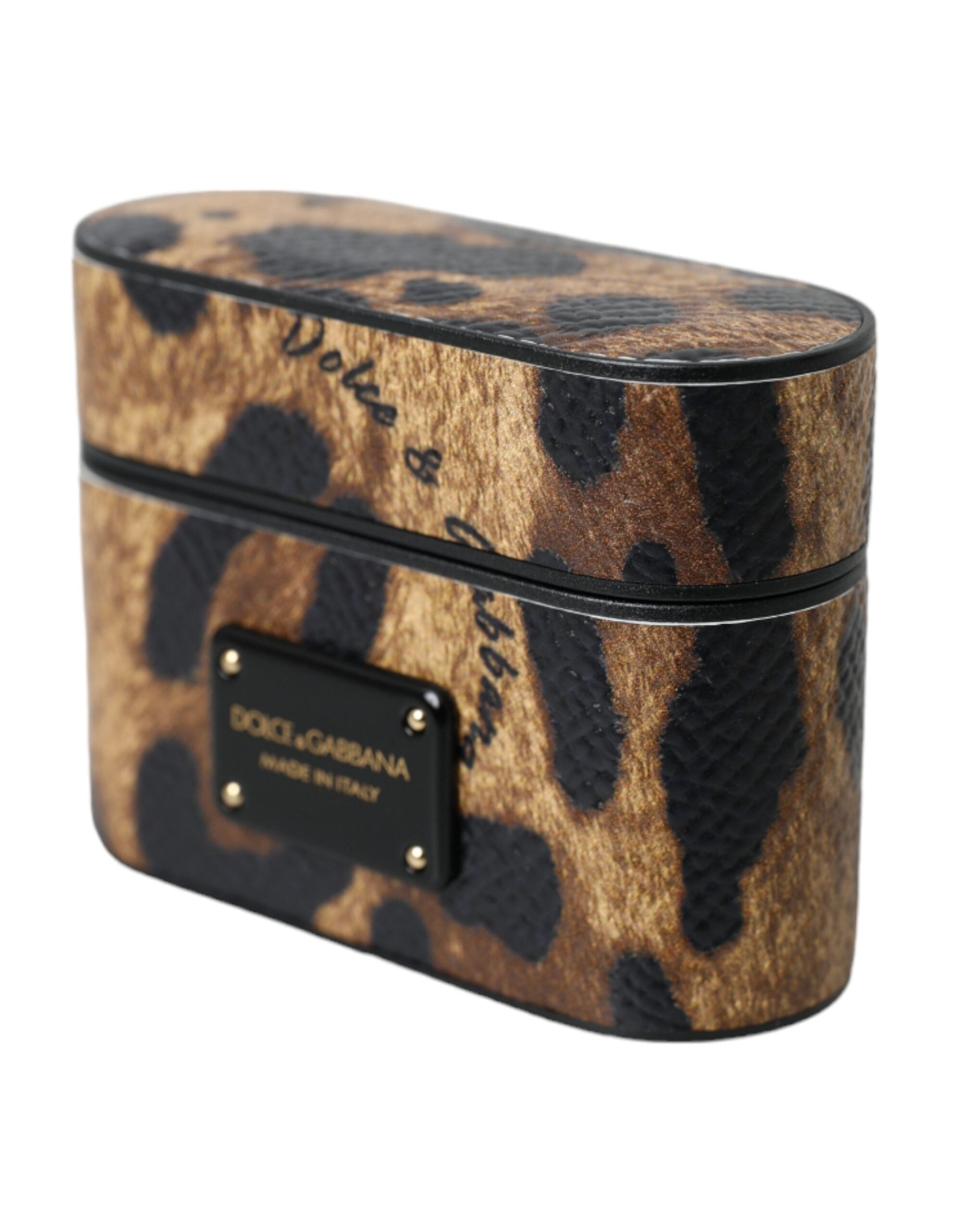 Dolce & Gabbana Leopard Calf Leather Metal Logo Plaque Airpods Brown Case Glam Steals