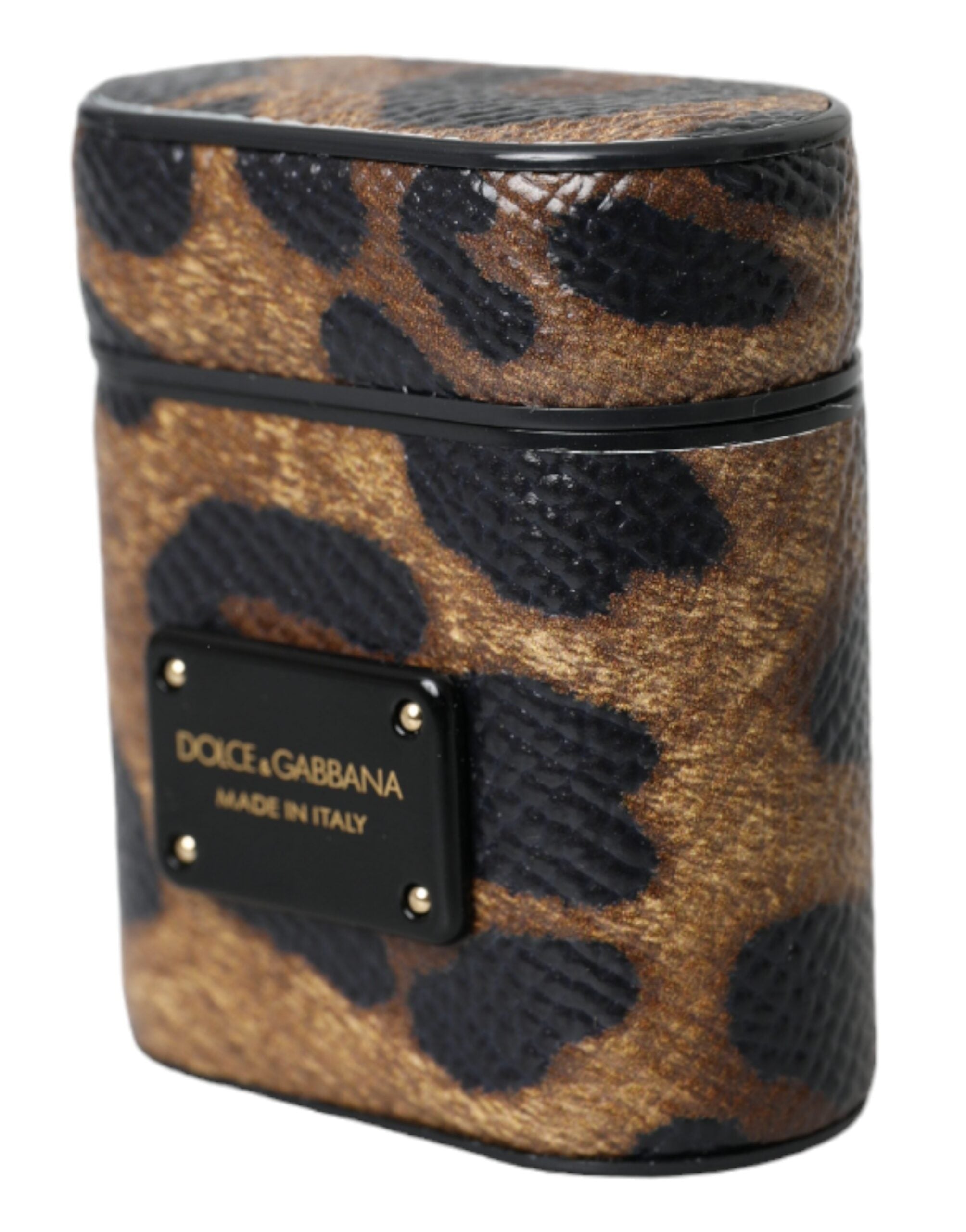 Dolce & Gabbana Leopard Calf Leather Metal Logo Plaque Airpods Brown Case Glam Steals
