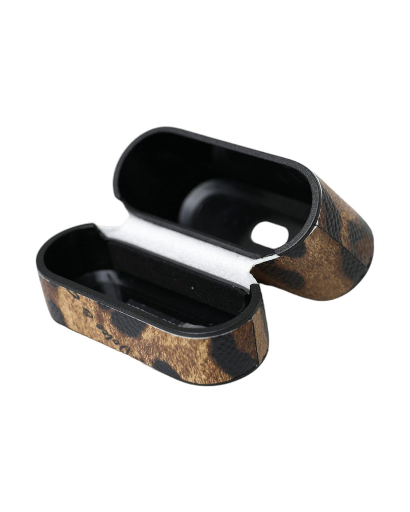 Dolce & Gabbana Leopard Calf Leather Metal Logo Plaque Airpods Brown Case Glam Steals