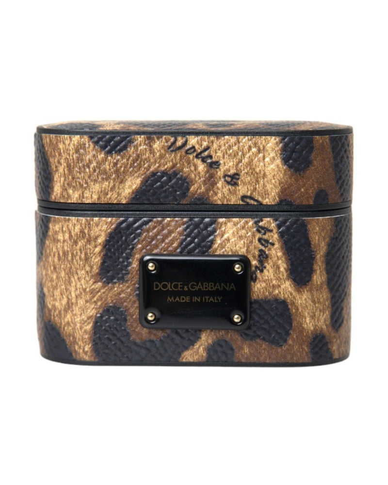 Dolce & Gabbana Leopard Calf Leather Metal Logo Plaque Airpods Brown Case Glam Steals