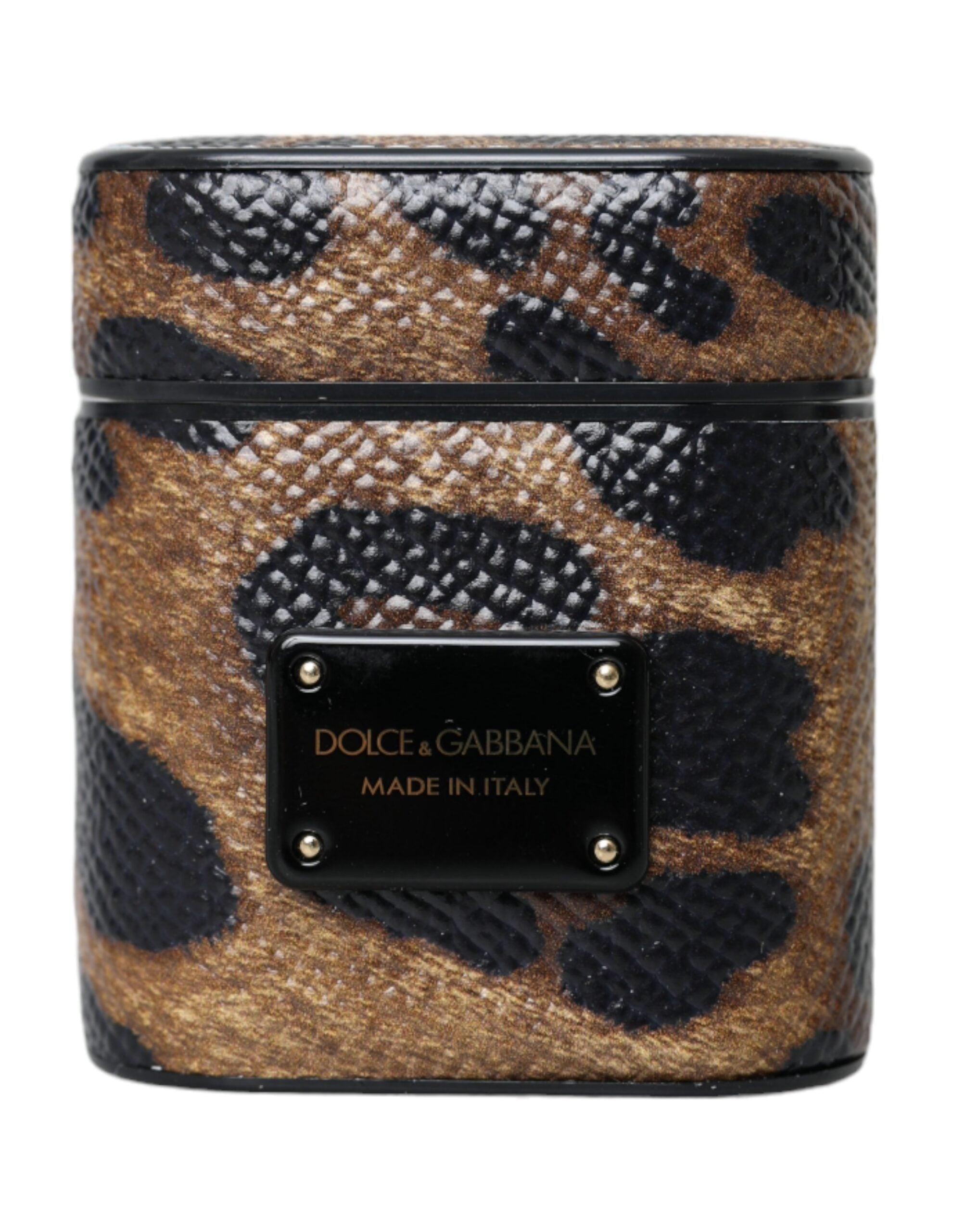 Dolce & Gabbana Leopard Calf Leather Metal Logo Plaque Airpods Brown Case Glam Steals
