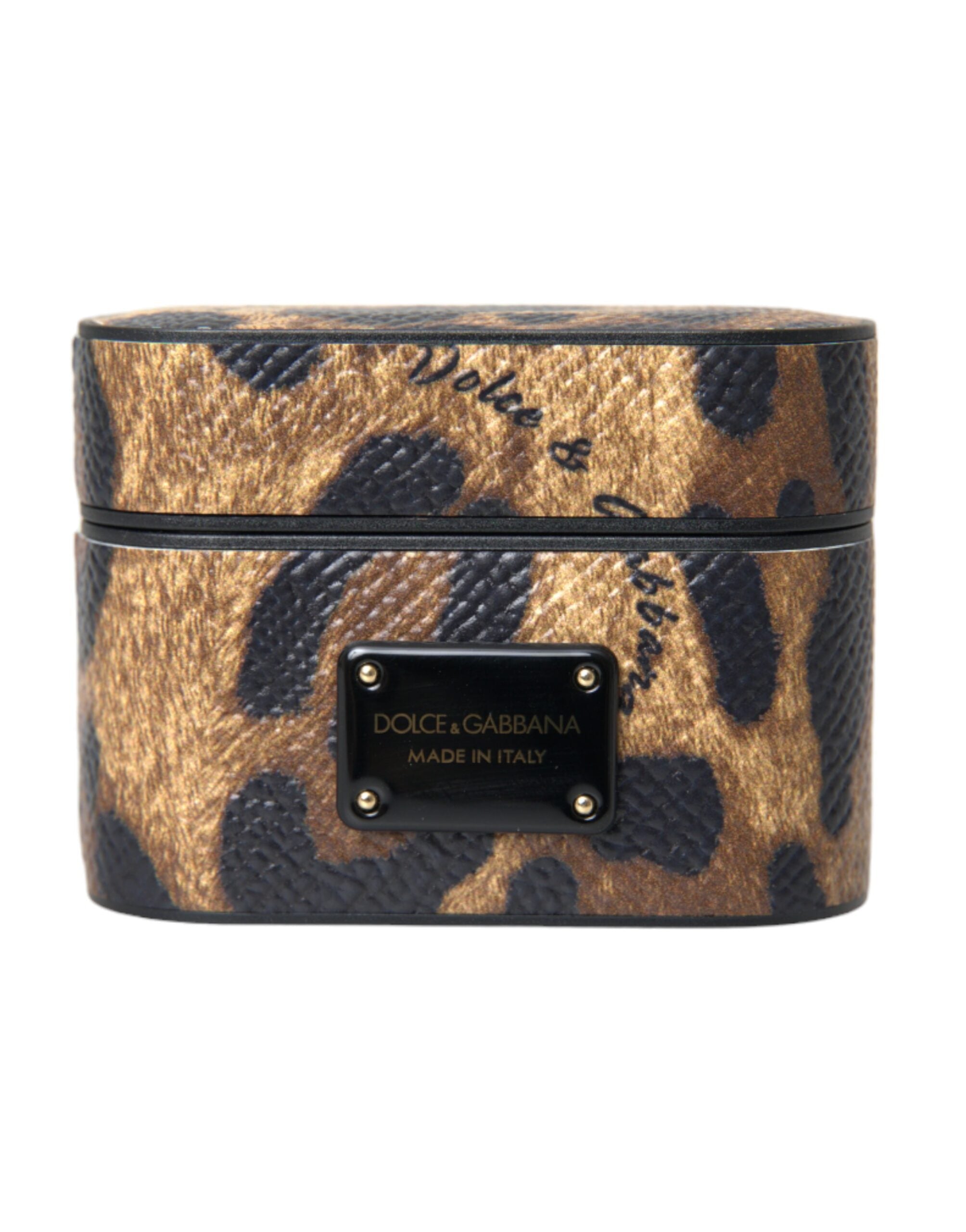 Dolce & Gabbana Leopard Calf Leather Metal Logo Plaque Airpods Brown Case Glam Steals