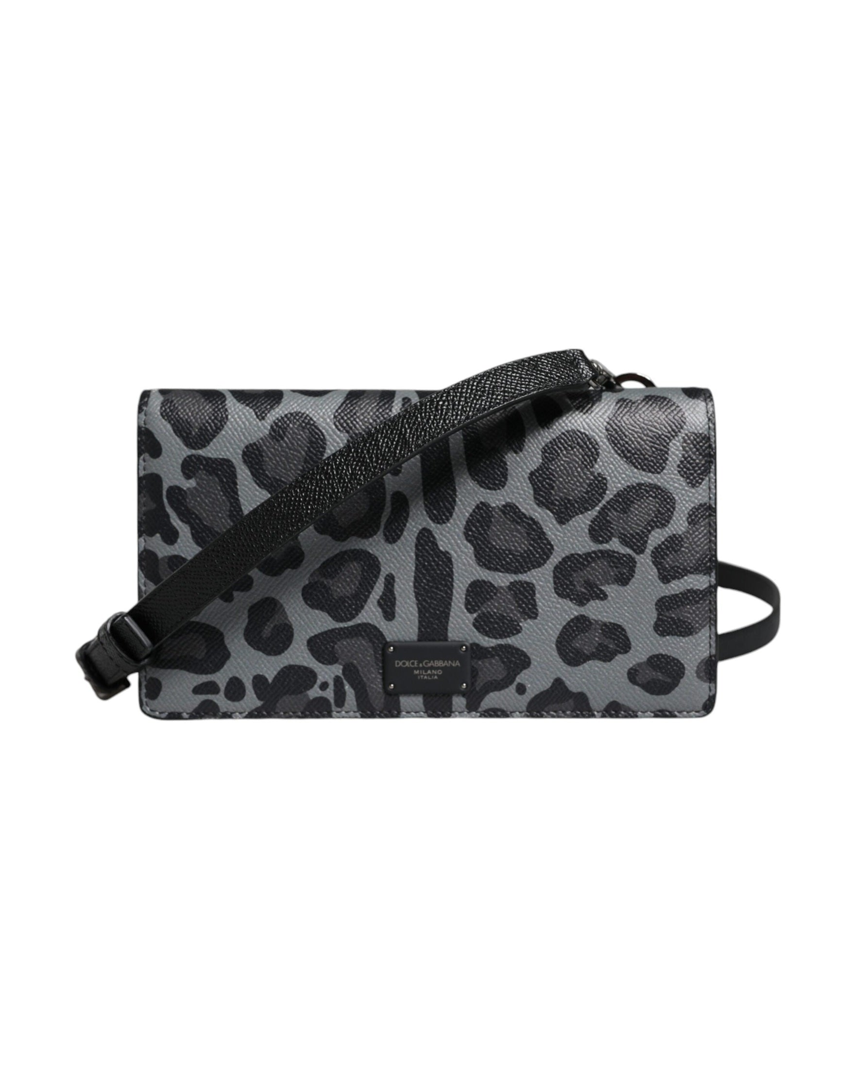 Dolce & Gabbana Leopard Leather Bifold Card Slot Crossbody Black Gray Bag Glam Steals