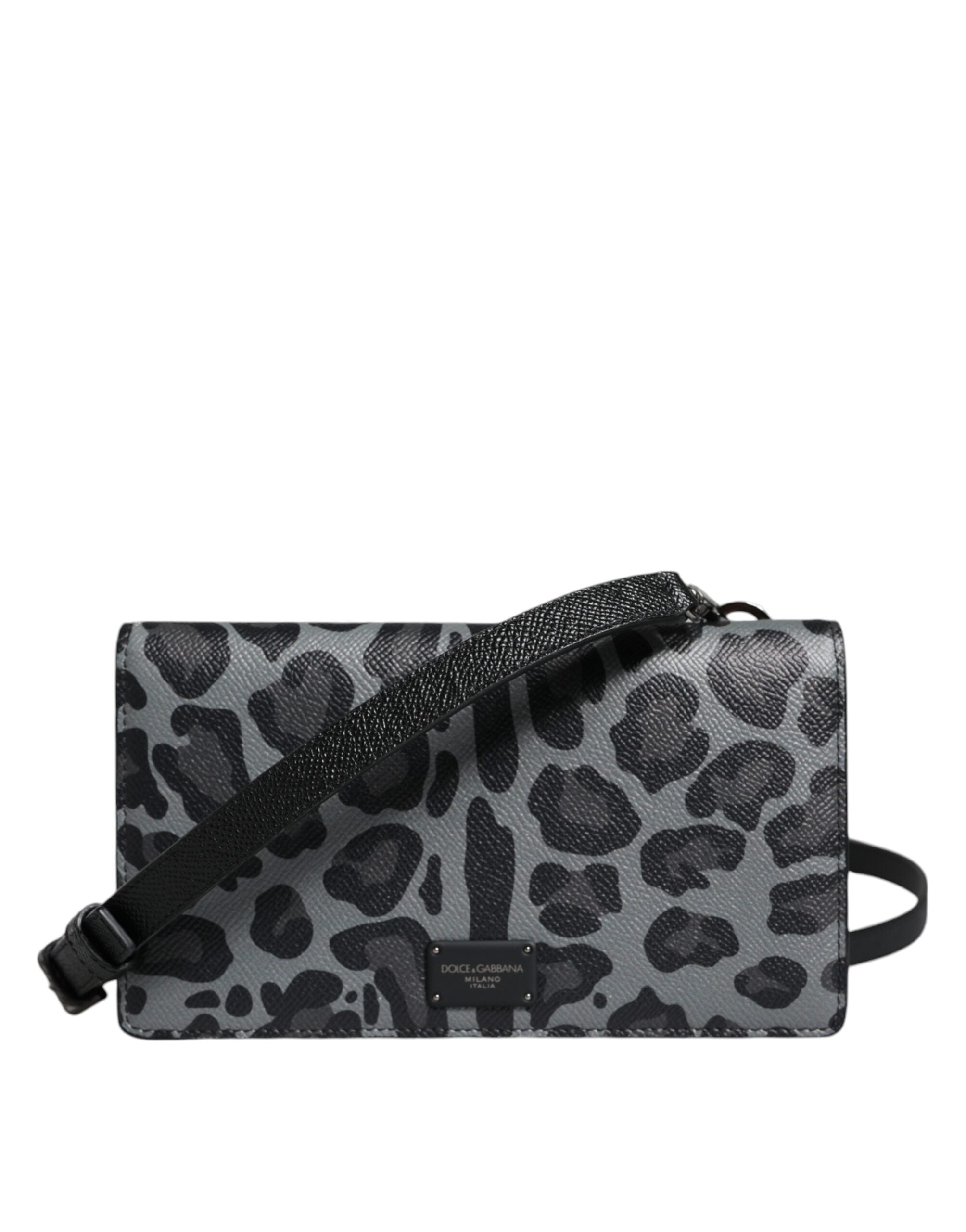 Dolce & Gabbana Leopard Leather Bifold Card Slot Crossbody Black Gray Bag Glam Steals