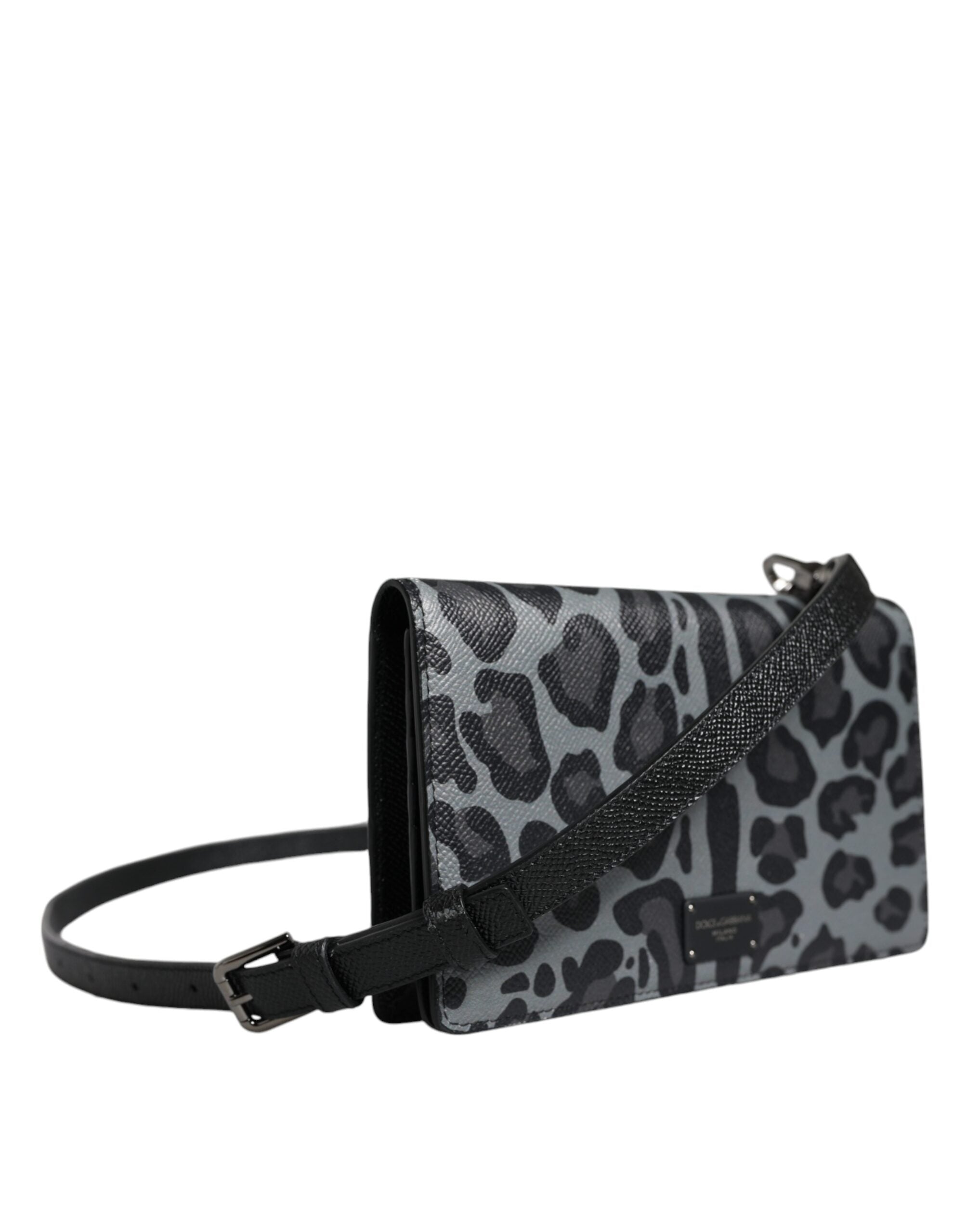 Dolce & Gabbana Leopard Leather Bifold Card Slot Crossbody Black Gray Bag Glam Steals