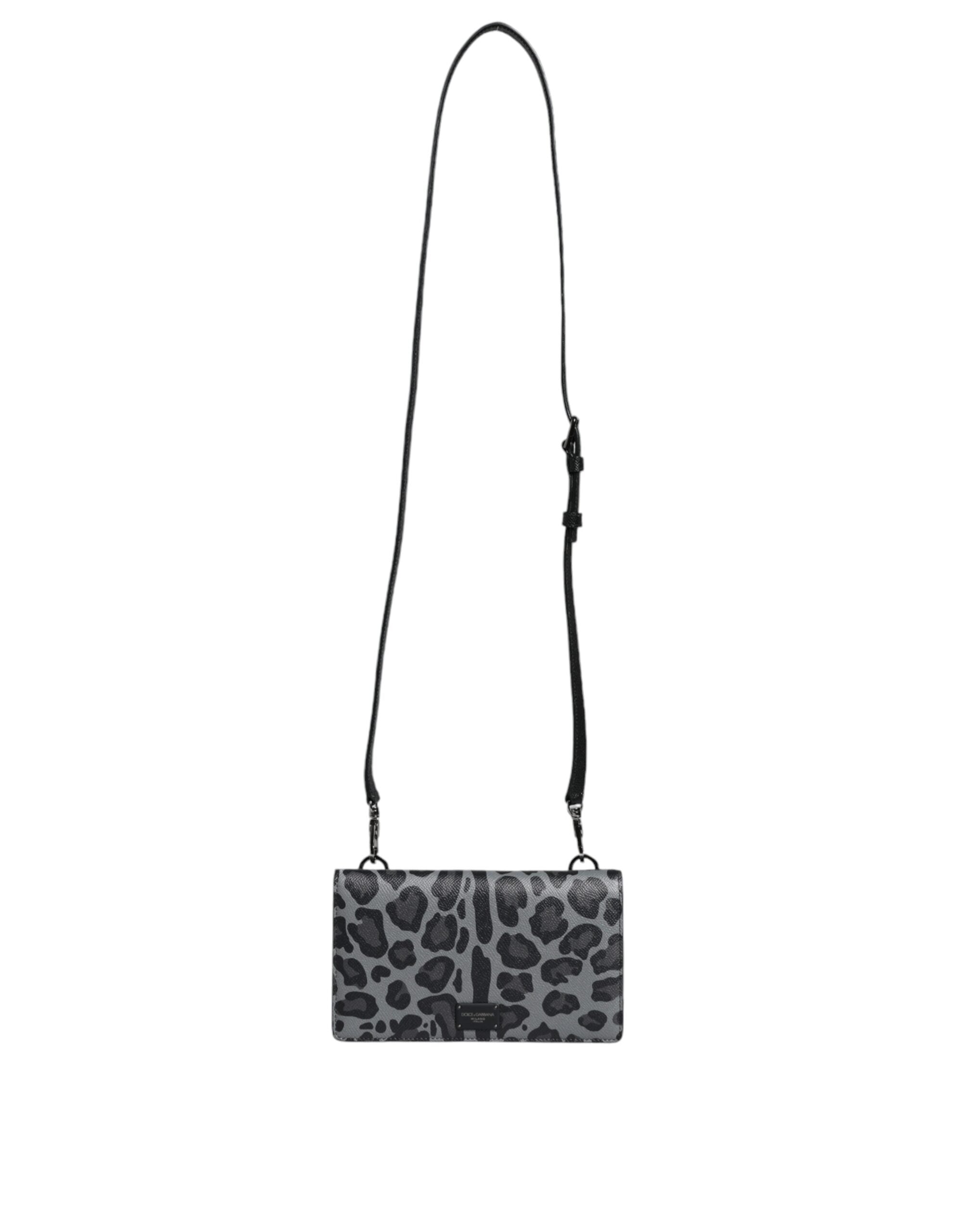 Dolce & Gabbana Leopard Leather Bifold Card Slot Crossbody Black Gray Bag Glam Steals