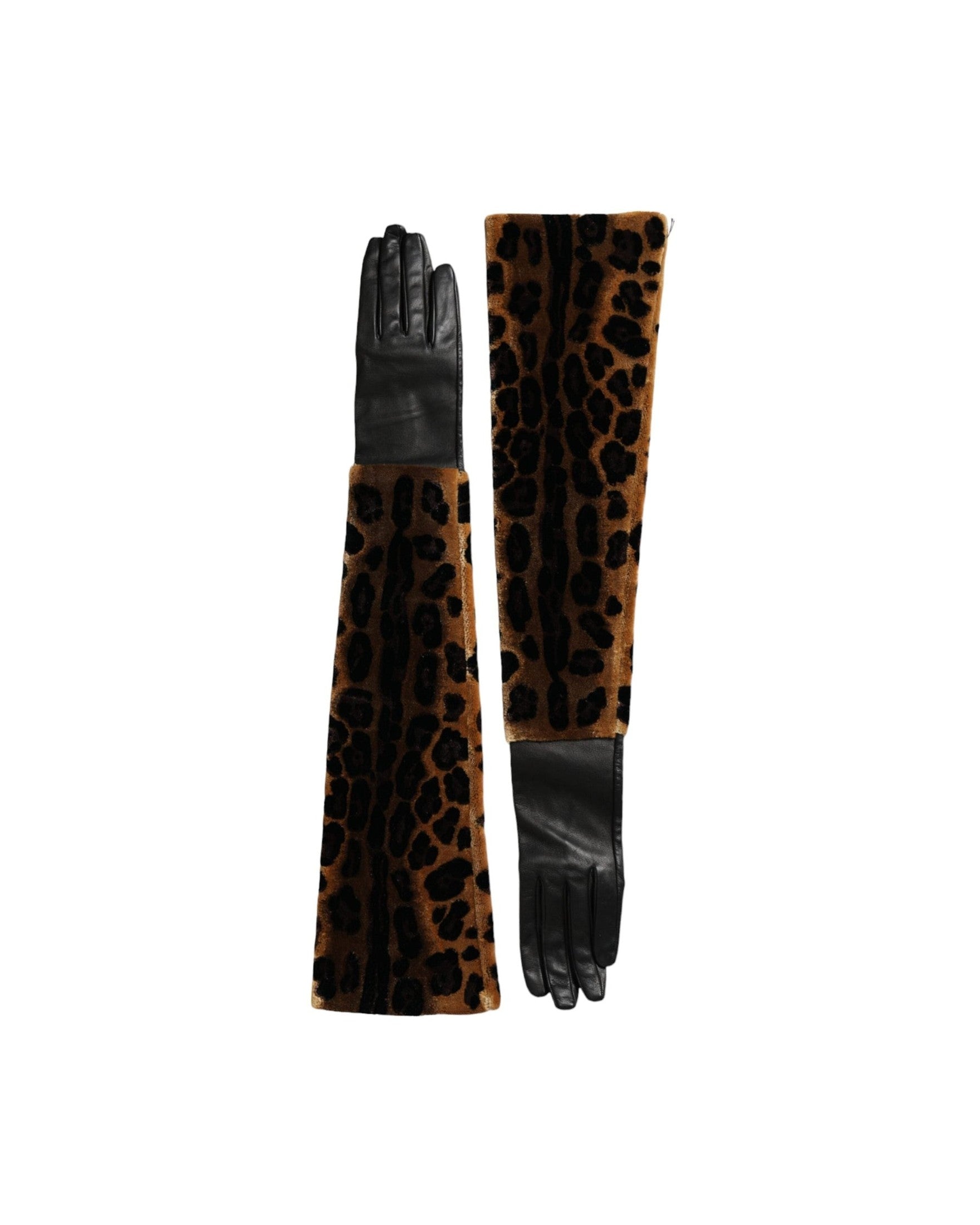 Dolce & Gabbana Leopard Leather Elbow Length Brown Black Gloves Glam Steals