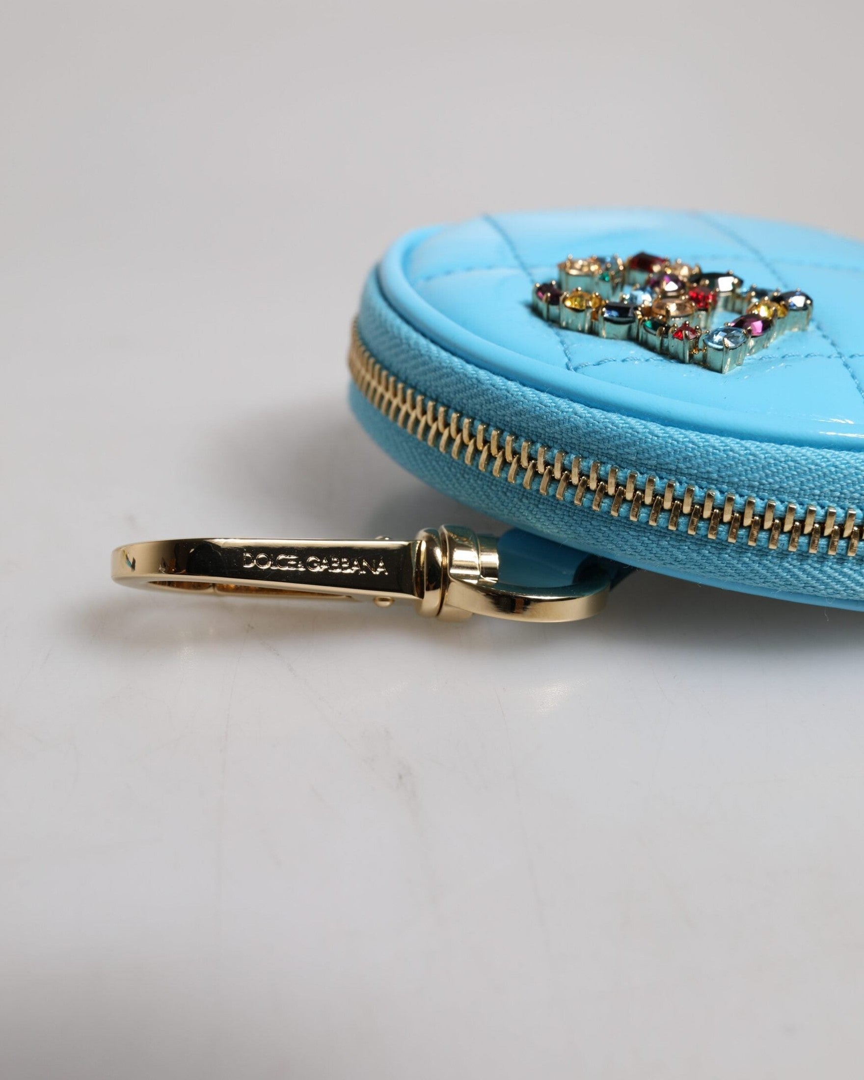 Dolce & Gabbana Light Blue Leather Lamb Dg Crystal Round Coin Purse Wallet Glam Steals