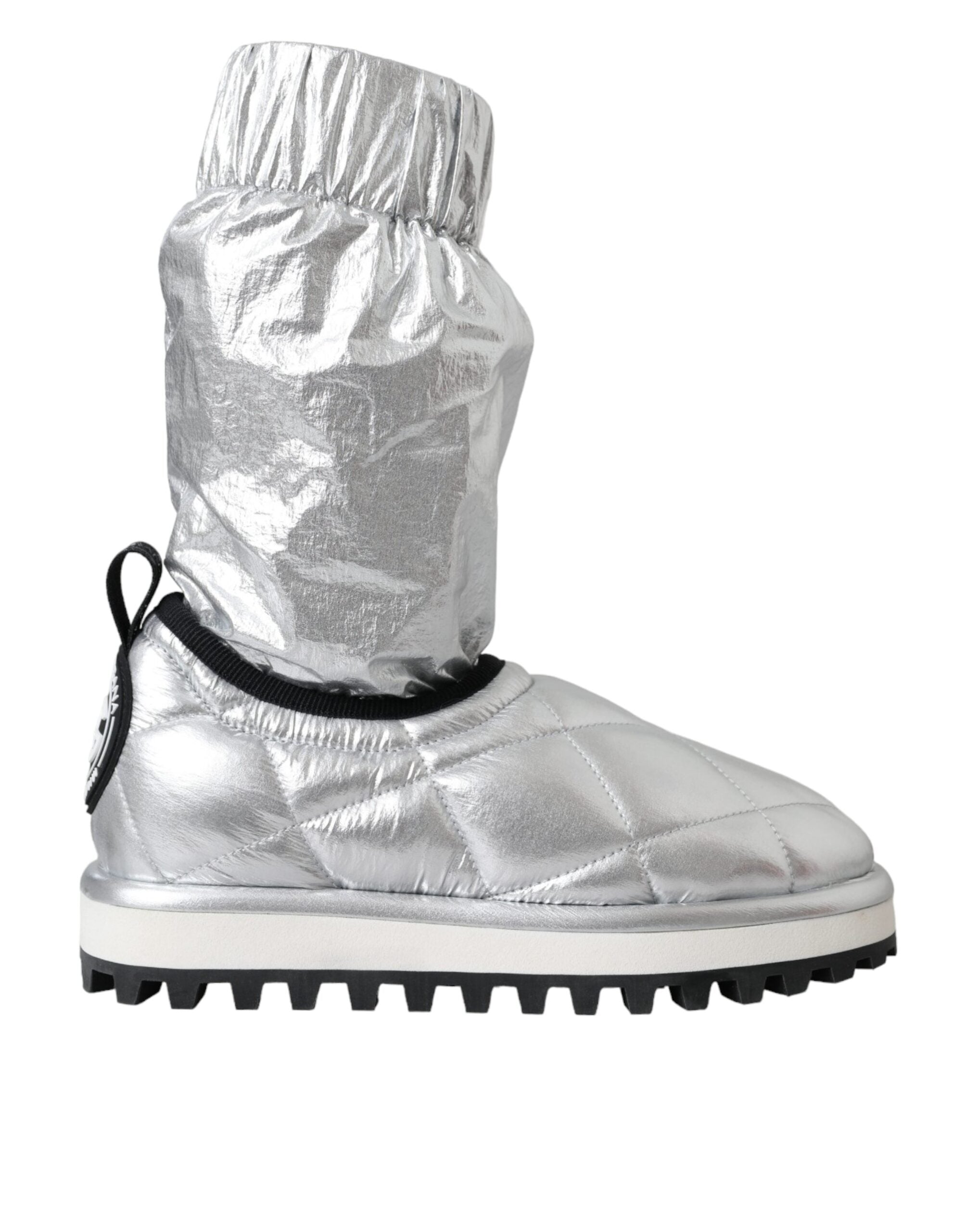 Dolce & Gabbana Metallic Silver Quilted Logo Patch Boot Shoes Glam Steals