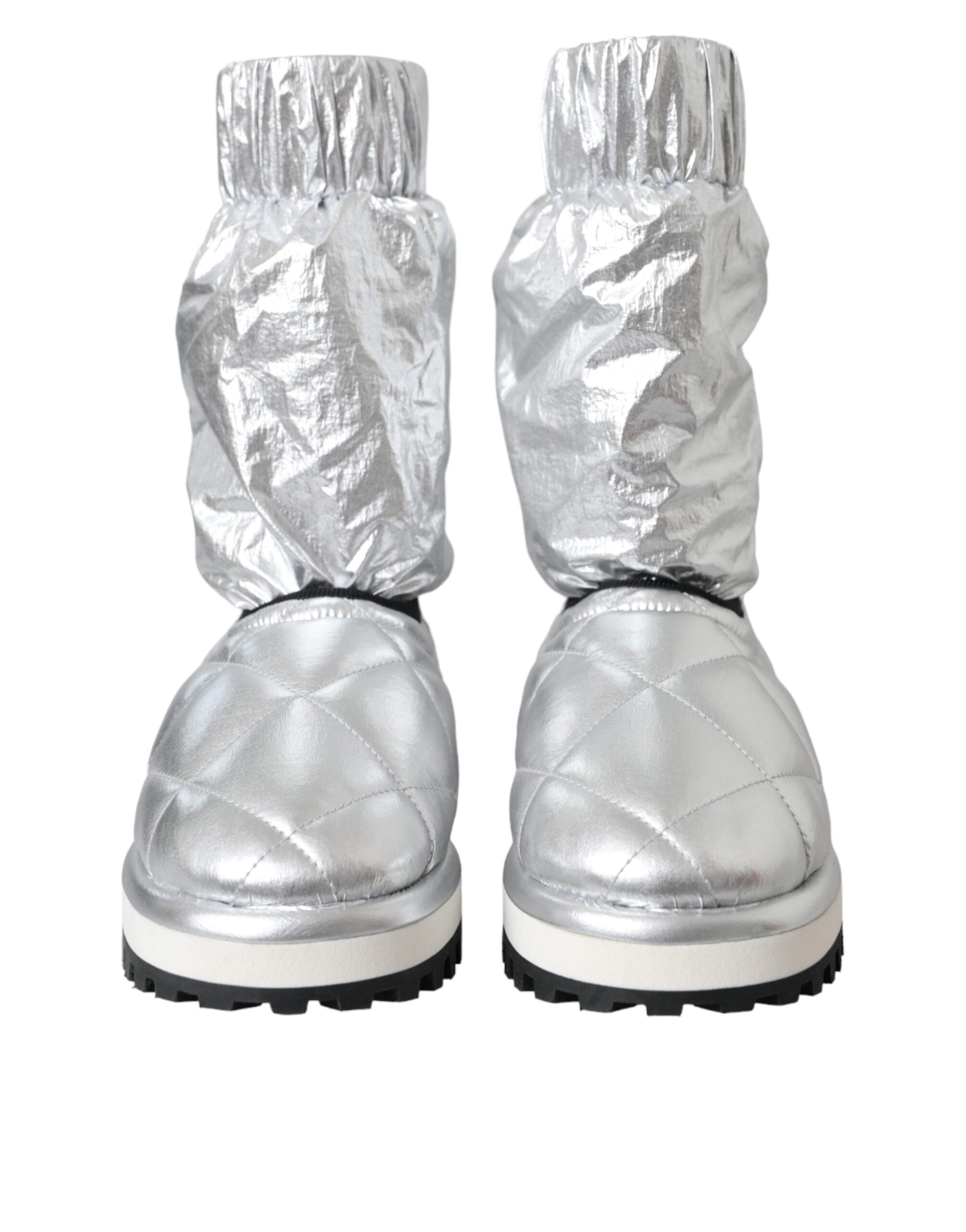 Dolce & Gabbana Metallic Silver Quilted Logo Patch Boot Shoes Glam Steals