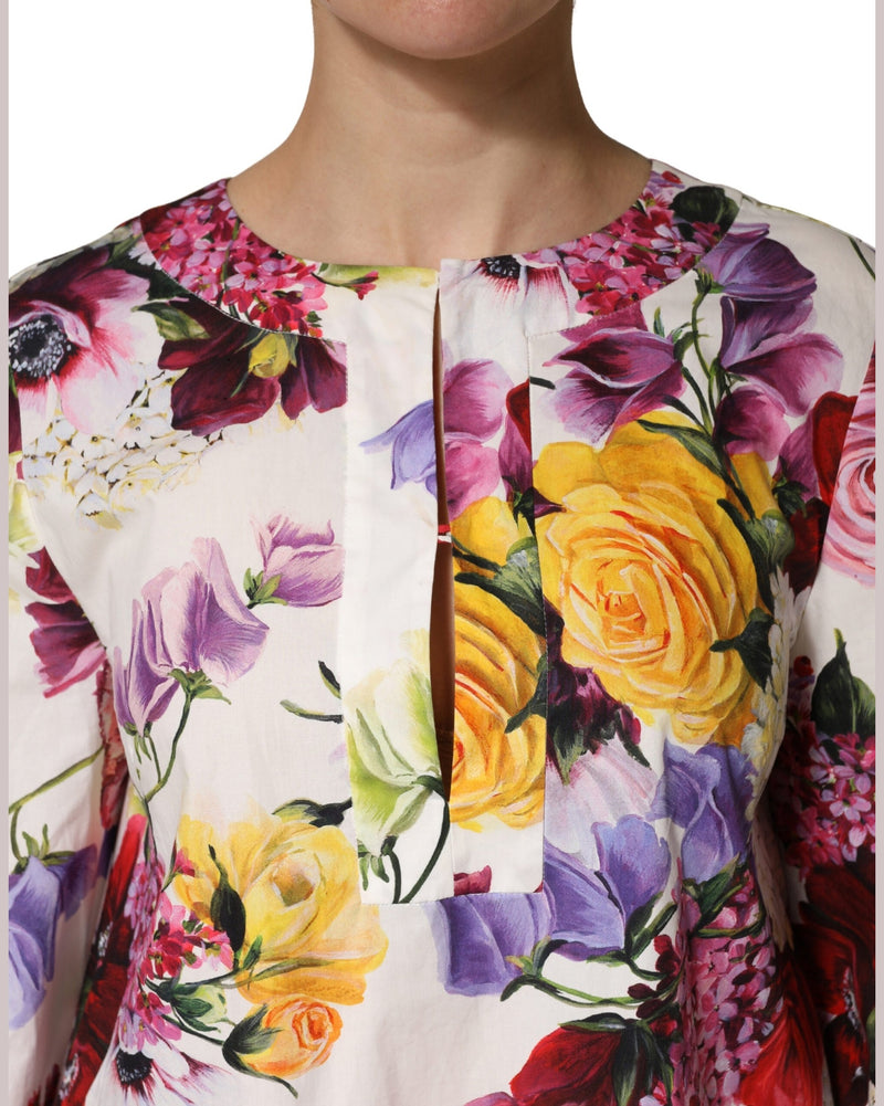 Dolce & Gabbana Multicolor Cotton Floral Longsleeves Midi Dress Glam Steals