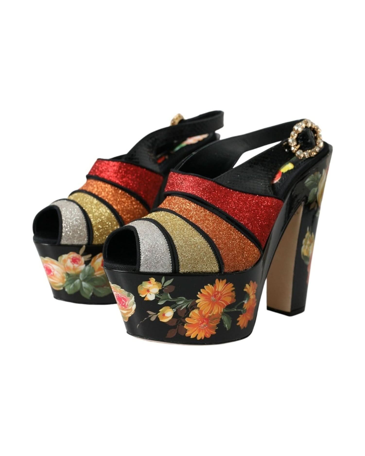 Dolce & Gabbana Multicolor Floral Crystal Platform Sandals Shoes Heels