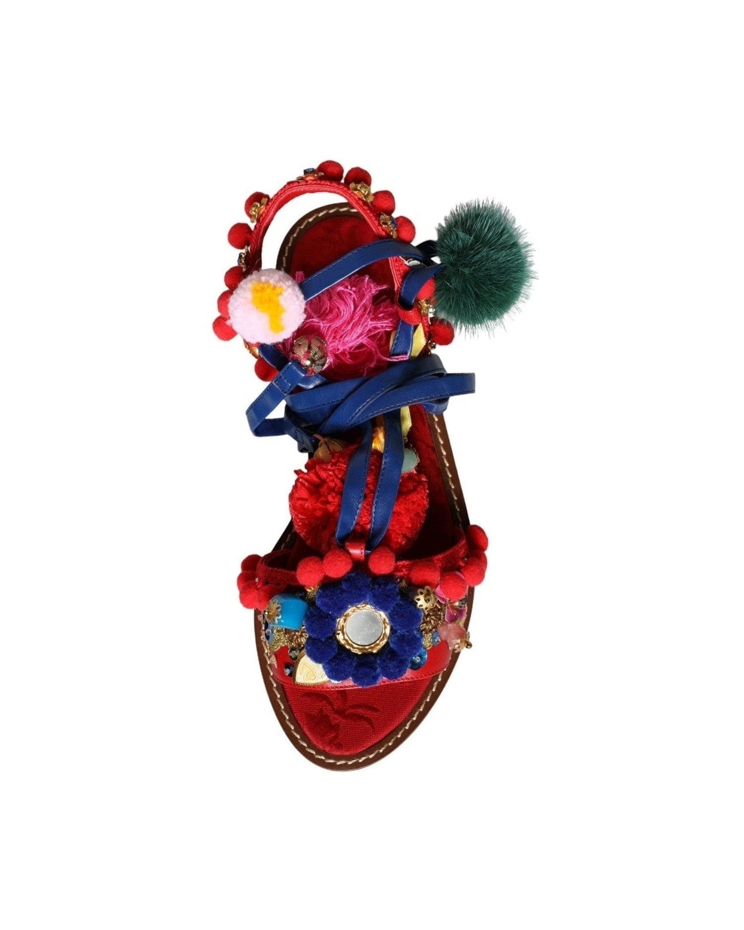 Dolce & Gabbana Multicolor Pom Pom Fur Wrap Sandals Shoes Sandals