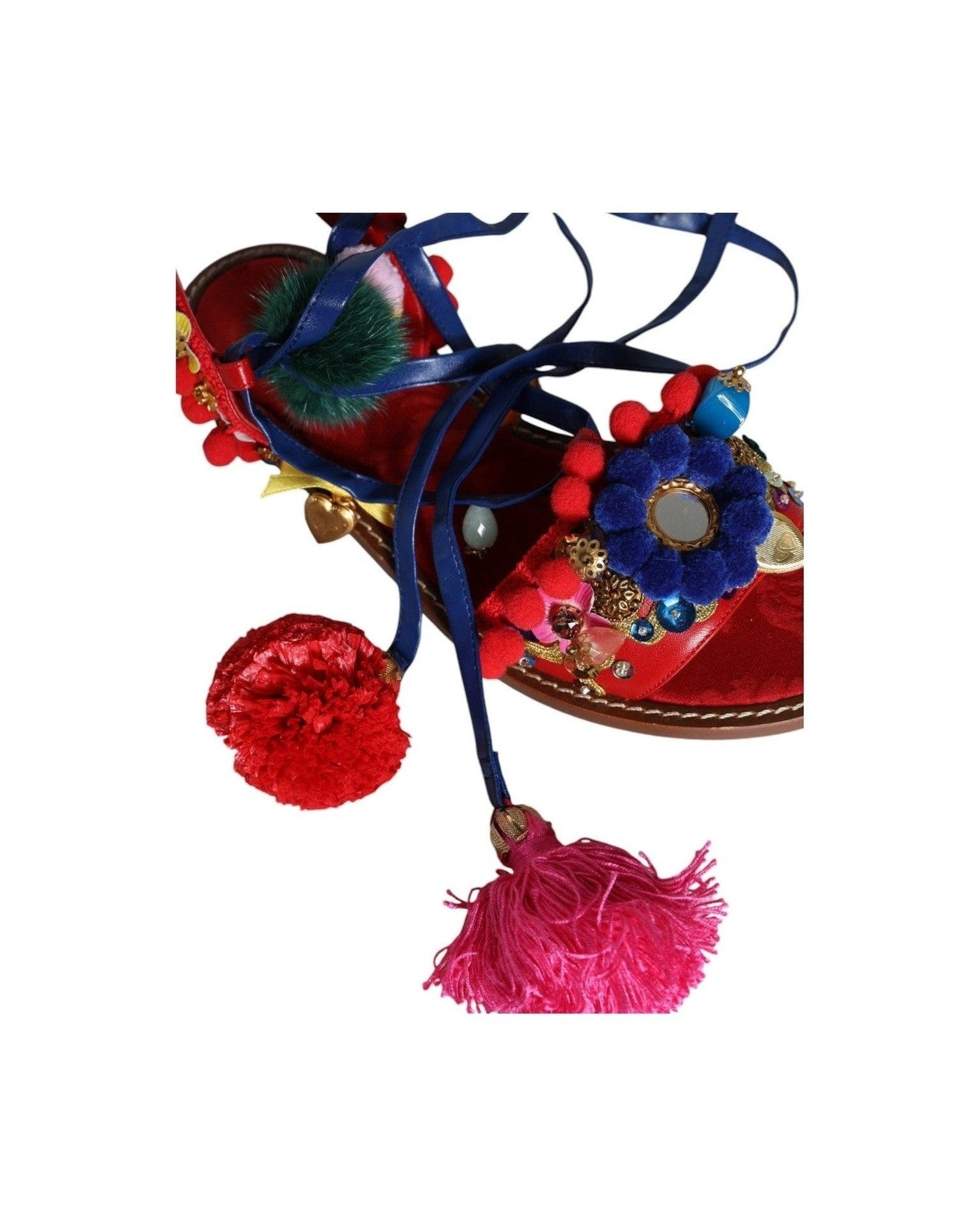 Dolce & Gabbana Multicolor Pom Pom Fur Wrap Sandals Shoes Sandals
