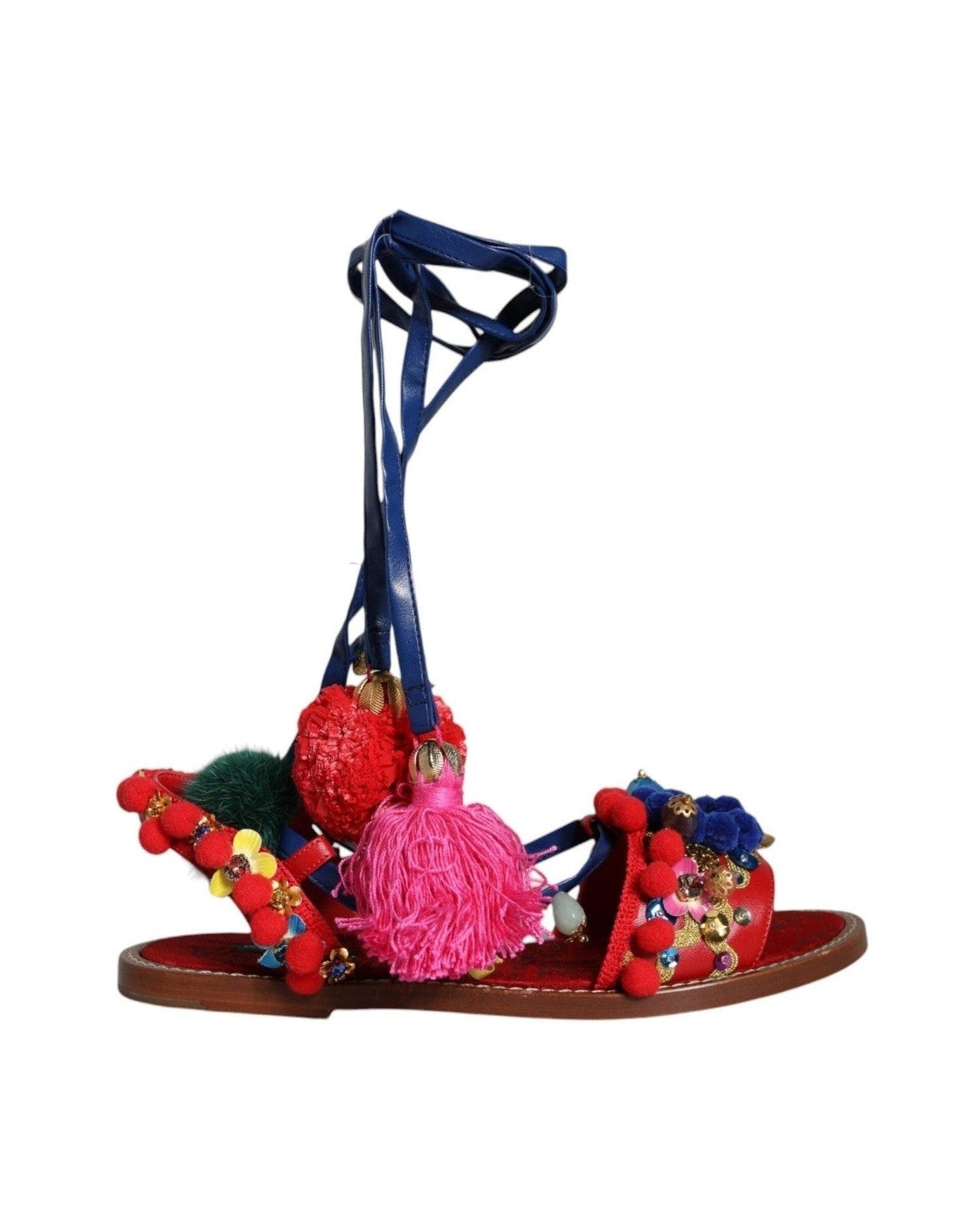 Dolce & Gabbana Multicolor Pom Pom Fur Wrap Sandals Shoes Sandals