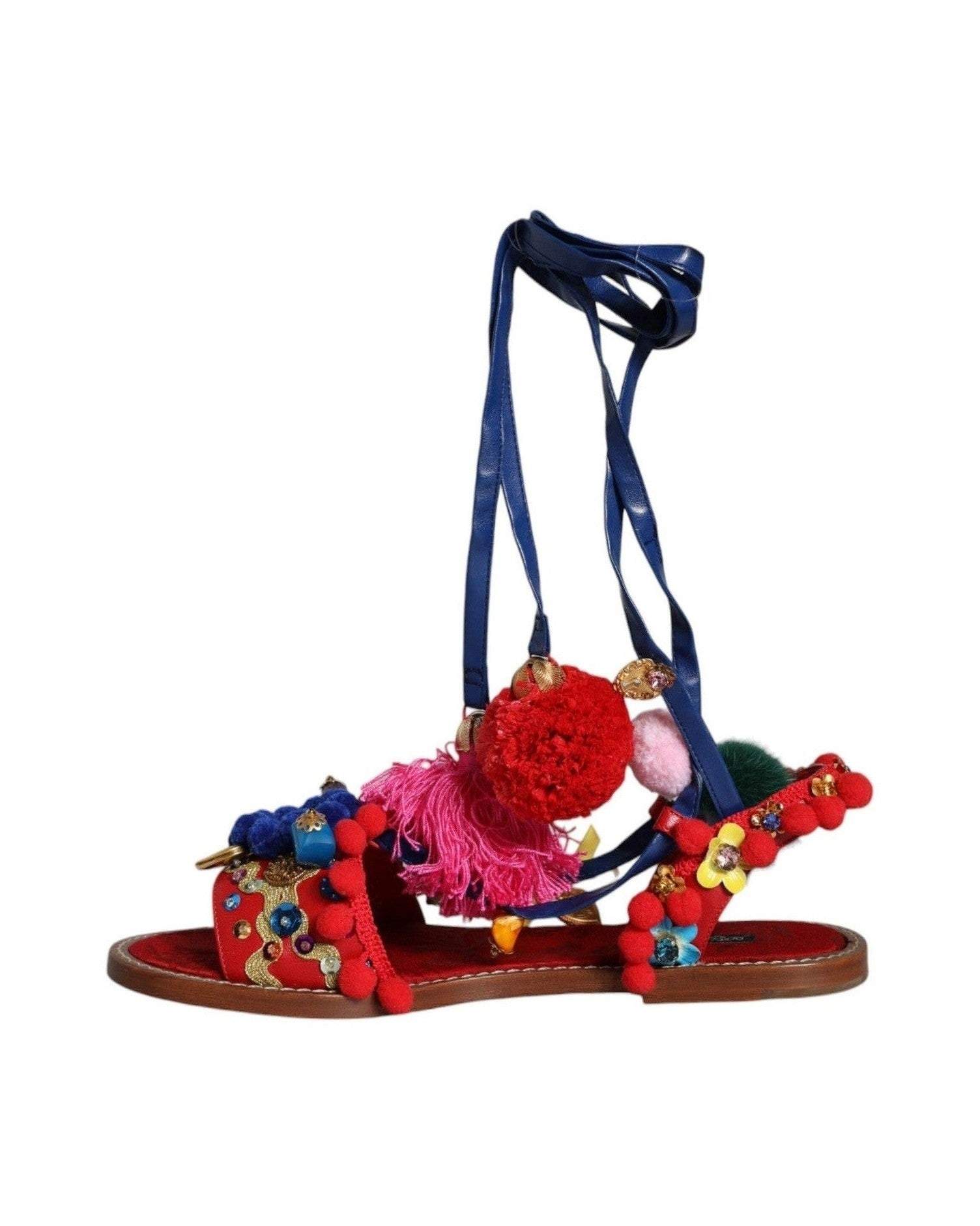 Dolce & Gabbana Multicolor Pom Pom Fur Wrap Sandals Shoes Sandals