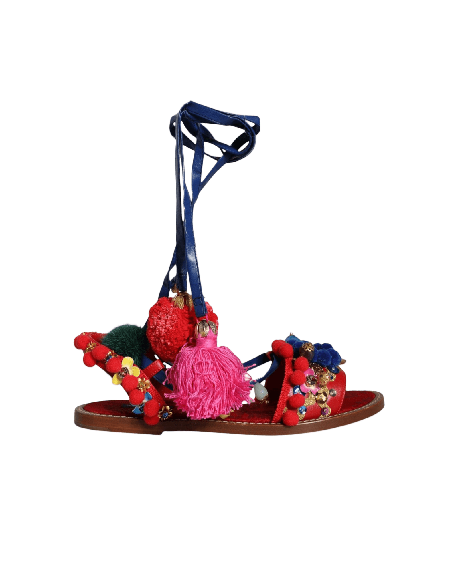 Dolce & Gabbana Multicolor Pom Pom Fur Wrap Sandals Shoes Glam Steals