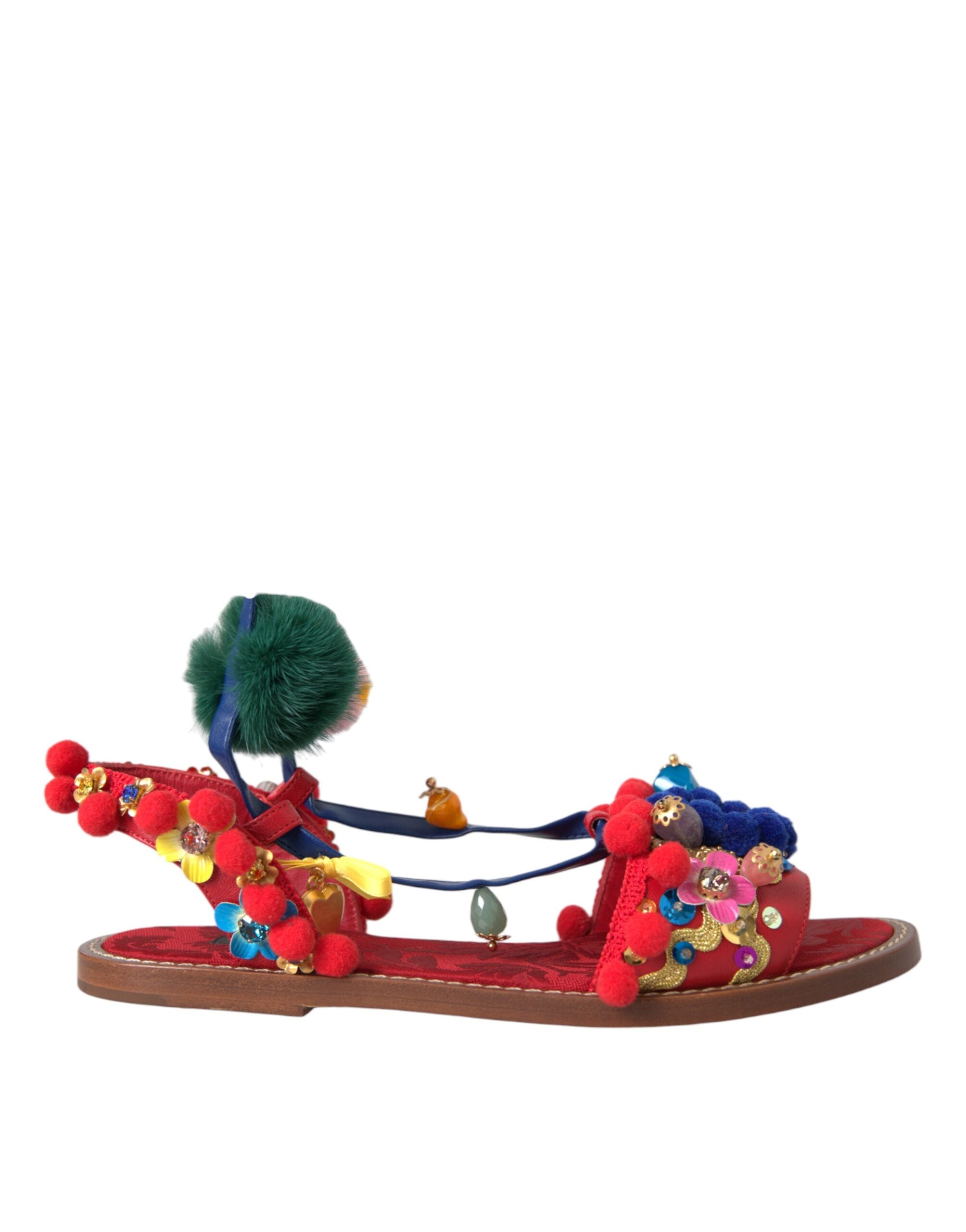 Dolce & Gabbana Multicolor Pom Pom Fur Wrap Sandals Shoes Glam Steals