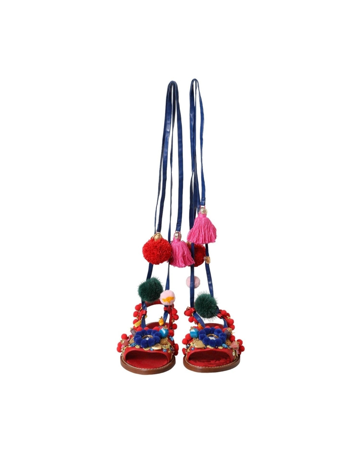 Dolce & Gabbana Multicolor Pom Pom Fur Wrap Sandals Shoes Glam Steals