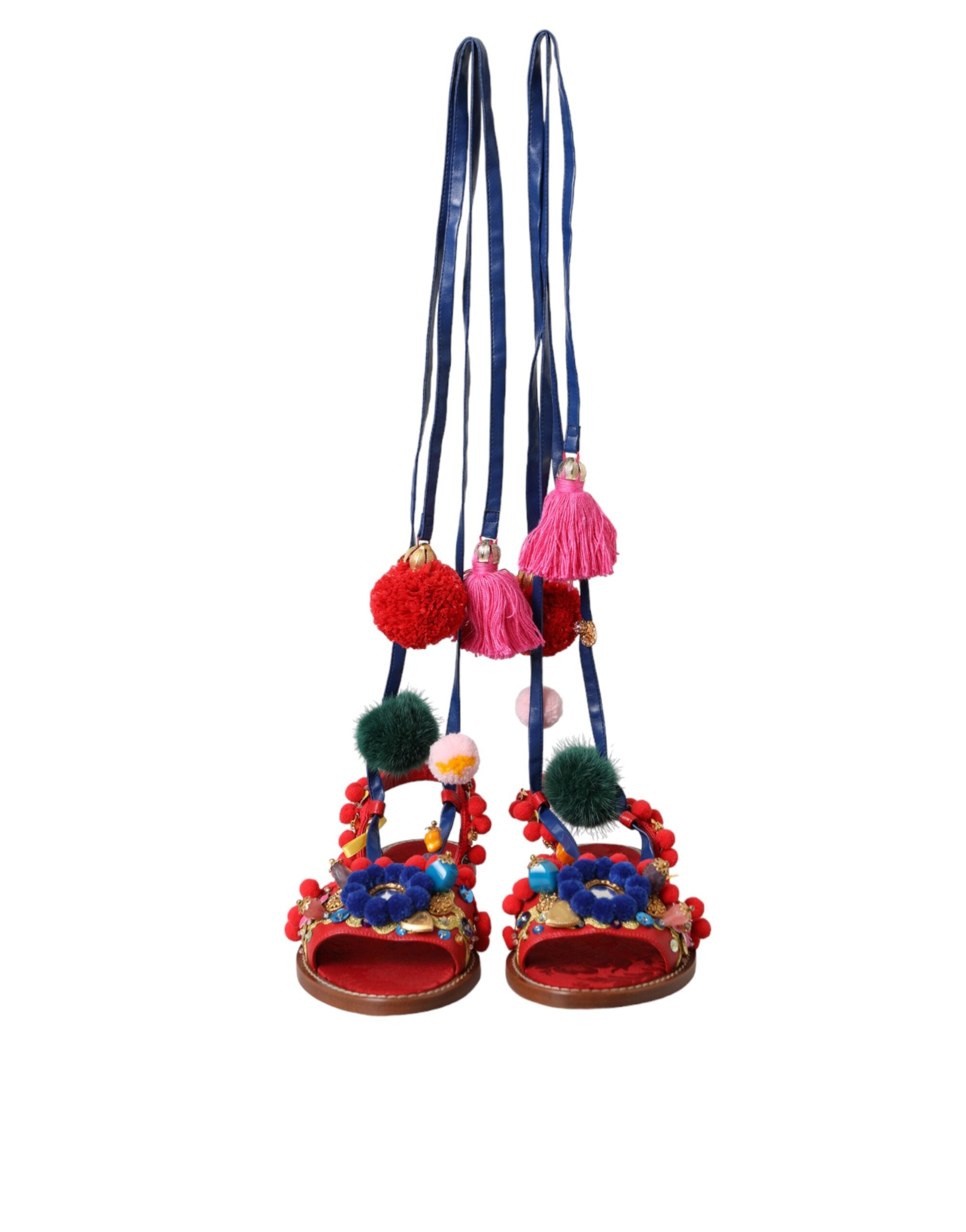 Dolce & Gabbana Multicolor Pom Pom Fur Wrap Sandals Shoes Glam Steals