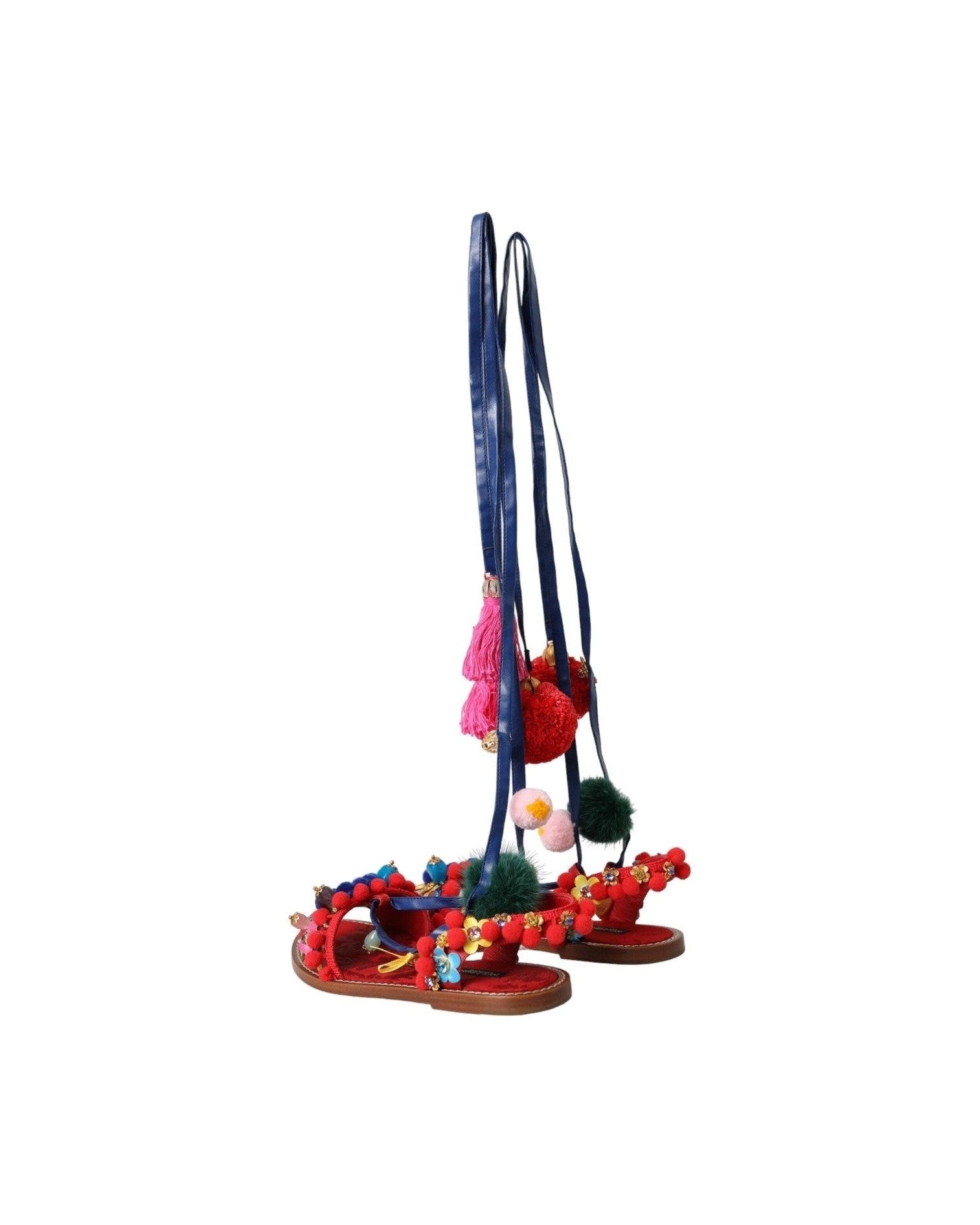 Dolce & Gabbana Multicolor Pom Pom Fur Wrap Sandals Shoes Glam Steals