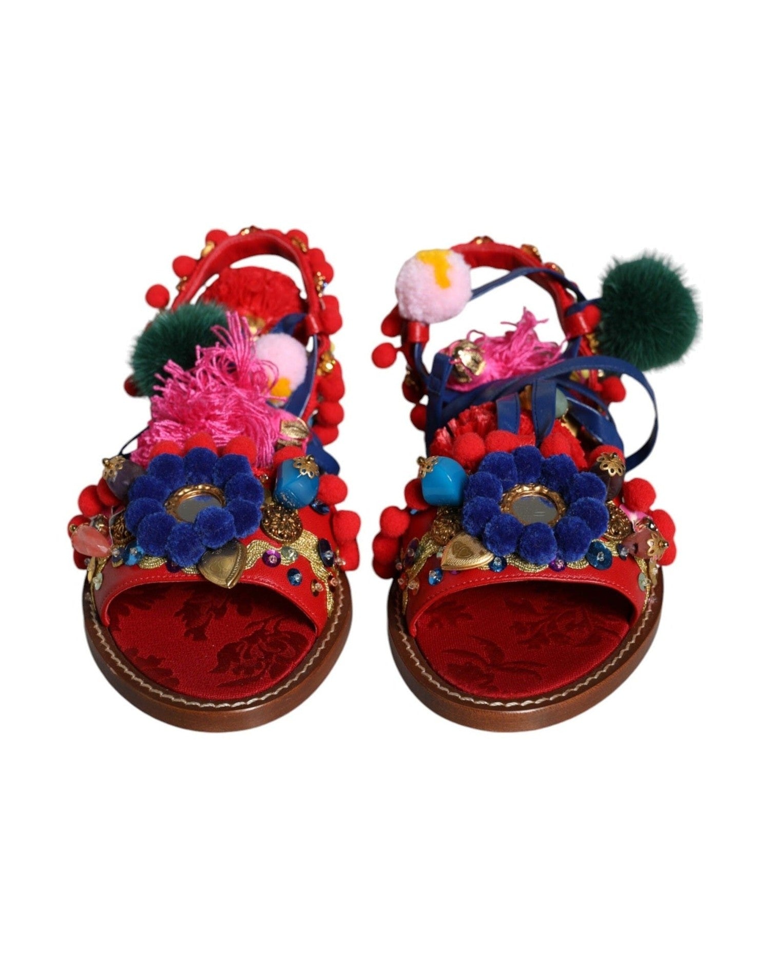 Dolce & Gabbana Multicolor Pom Pom Fur Wrap Sandals Shoes Glam Steals
