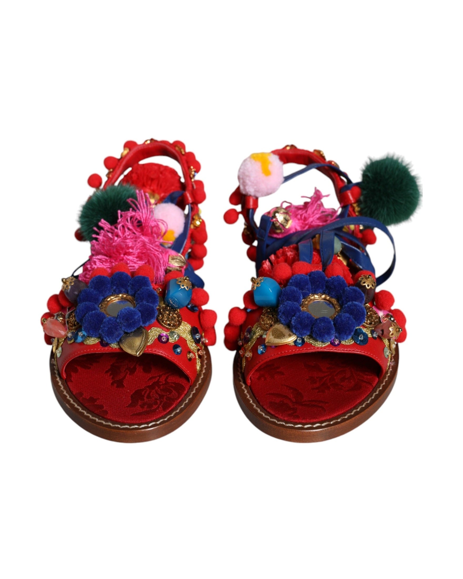 Dolce & Gabbana Multicolor Pom Pom Fur Wrap Sandals Shoes Glam Steals
