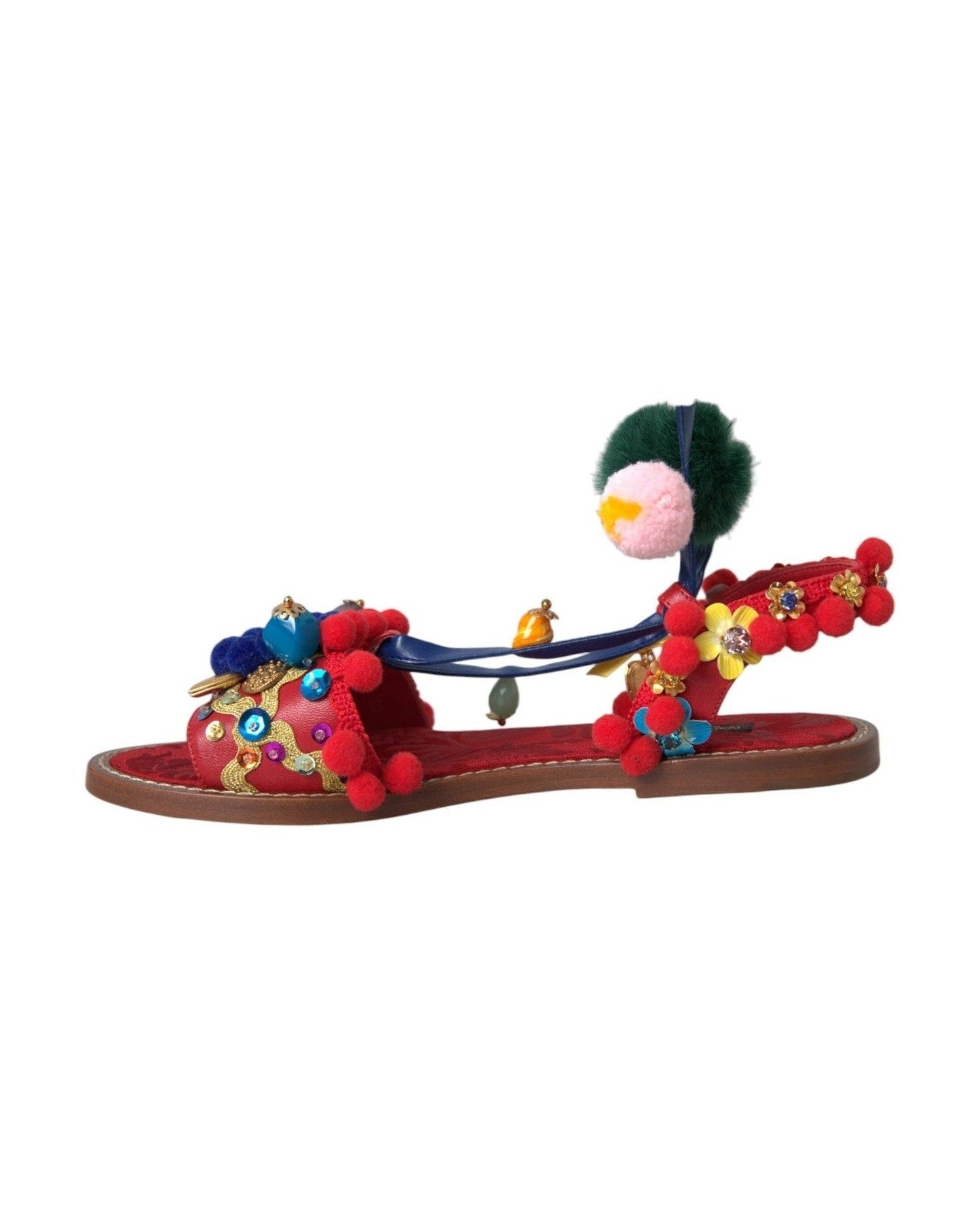 Dolce & Gabbana Multicolor Pom Pom Fur Wrap Sandals Shoes Glam Steals