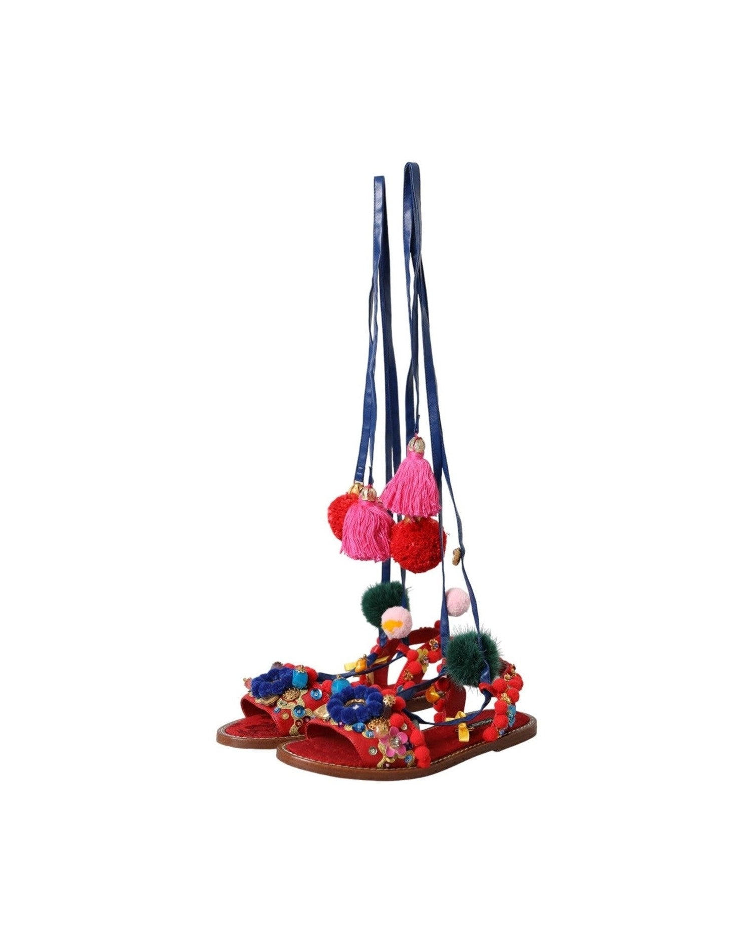Dolce & Gabbana Multicolor Pom Pom Fur Wrap Sandals Shoes Glam Steals