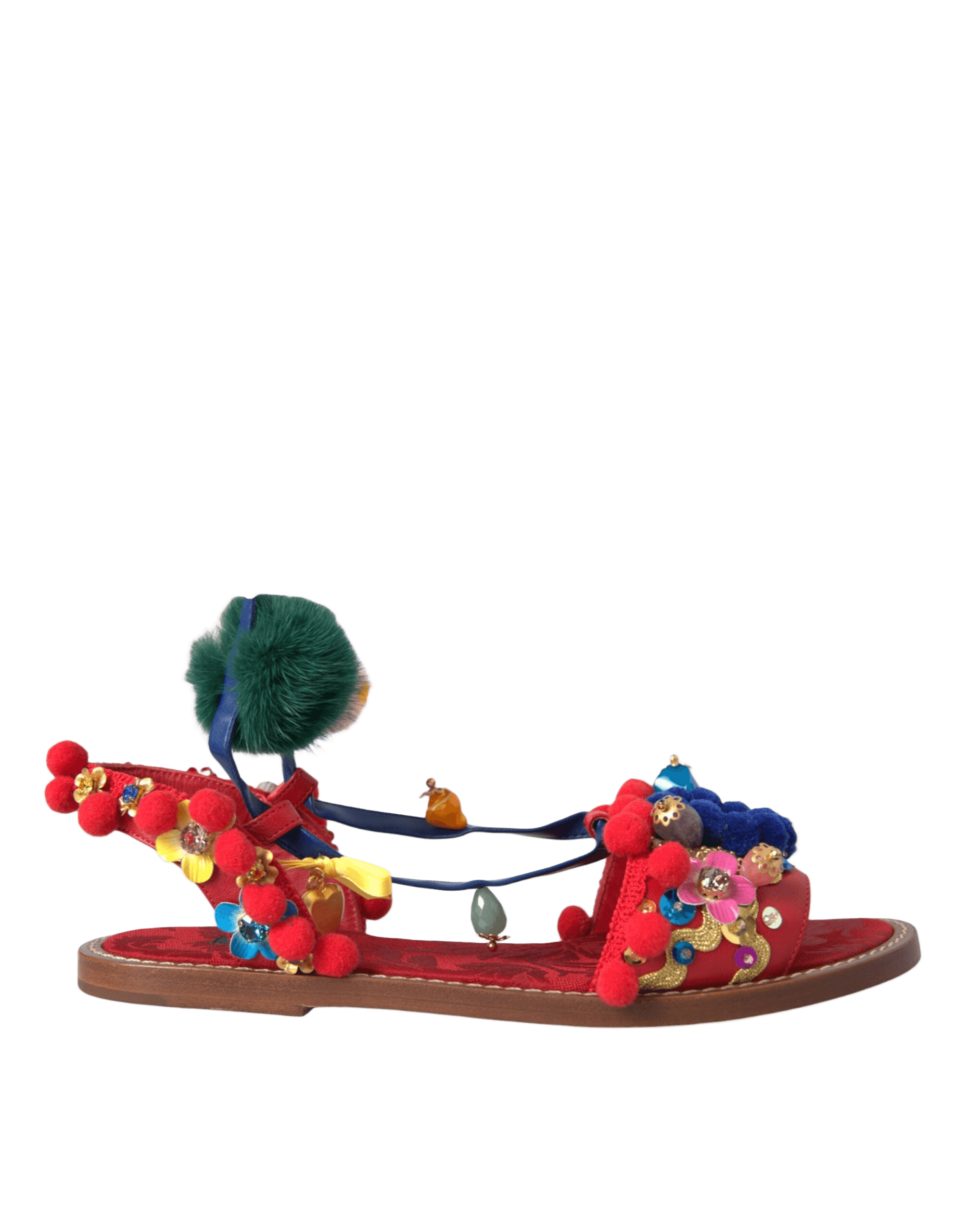 Dolce & Gabbana Multicolor Pom Pom Fur Wrap Sandals Shoes Glam Steals