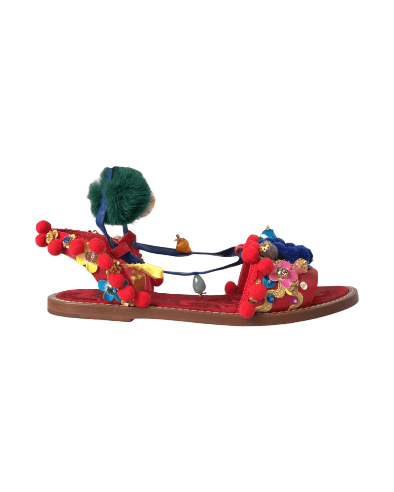 Dolce & Multicolor Gabbana Pom Pom Fur Wrap Sandals Shoes Glam Steals
