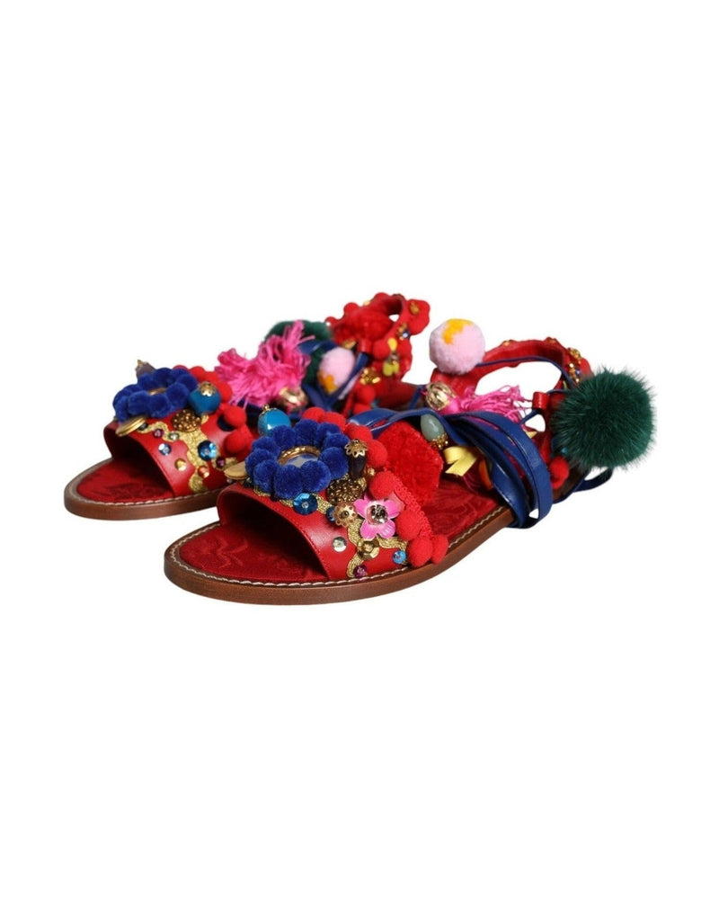 Dolce & Gabbana Multicolor Pom Pom Fur Wrap Sandals Shoes Glam Steals