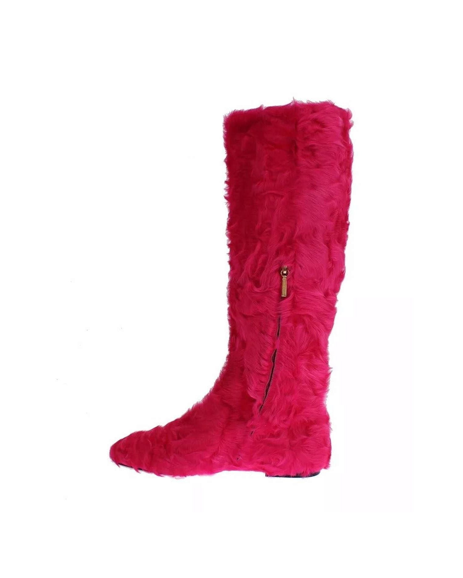 Dolce & Gabbana Pink Lamb Fur Leather Flat Boots Shoes Boots