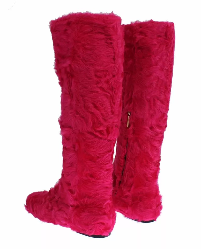 Dolce & Gabbana Pink Lamb Fur Leather Flat Boots Shoes Glam Steals