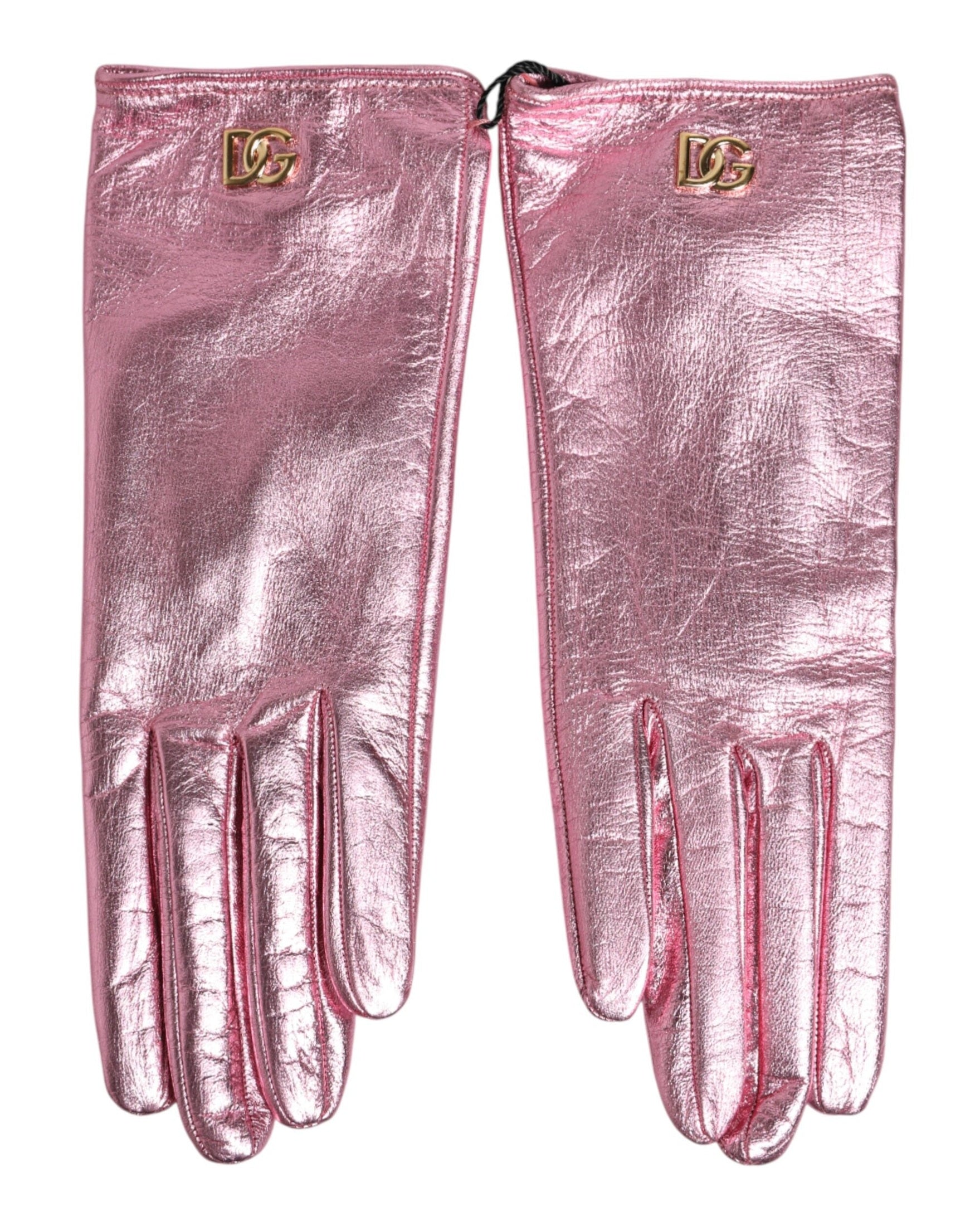 Dolce & Gabbana Pink Leather Dg Logo Wrist Length Mitten Gloves Gloves & Mittens
